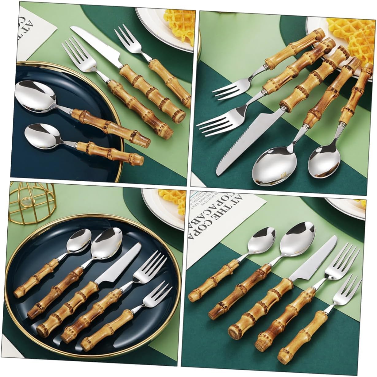 Ensemble d'argenterie 5 pièces Couteau Fourchette cuillère Ensemble de Couverts en Acier Inoxydable Miroir Poli fourchettes à dîner Manche en Bambou Ensemble de Couverts