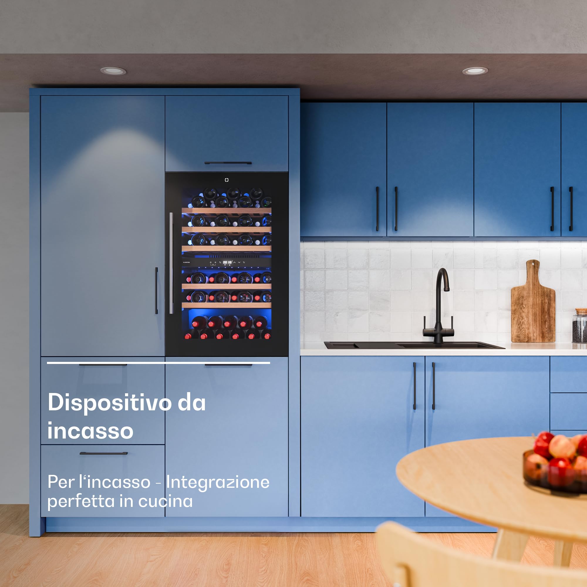 KLARSTEIN Illuminosa Cantinetta Vino da Incasso - 57 Bottiglie, Doppia Zona, 5-22°C, Touch, LED, Ripiani Legno, Porta UV, Silenziosa, Cantina Frigo per Vino