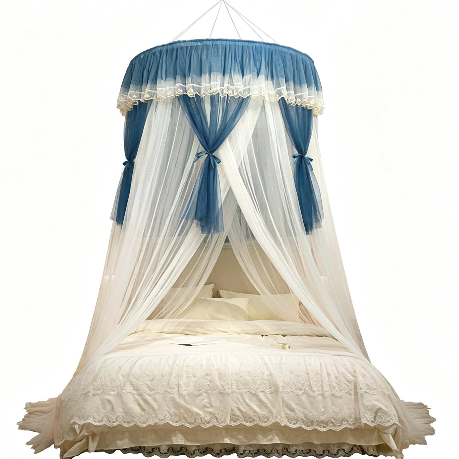 SARKEY Prinzessinnen Betthimmel,Bettvorhang,Feines Durchsichtiges Netz,Kuppelbetthimmel,Hängende Bettnetzabdeckung Für Schlafzimmer,Luxuriöse Spitze,Erwachsene,Hochzeit,Dekoration(Lake Blue)