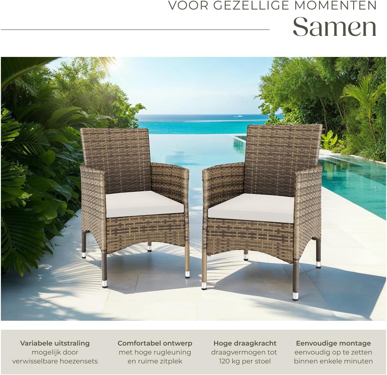 Two tectake garden chairs by a swimming pool with white cushions