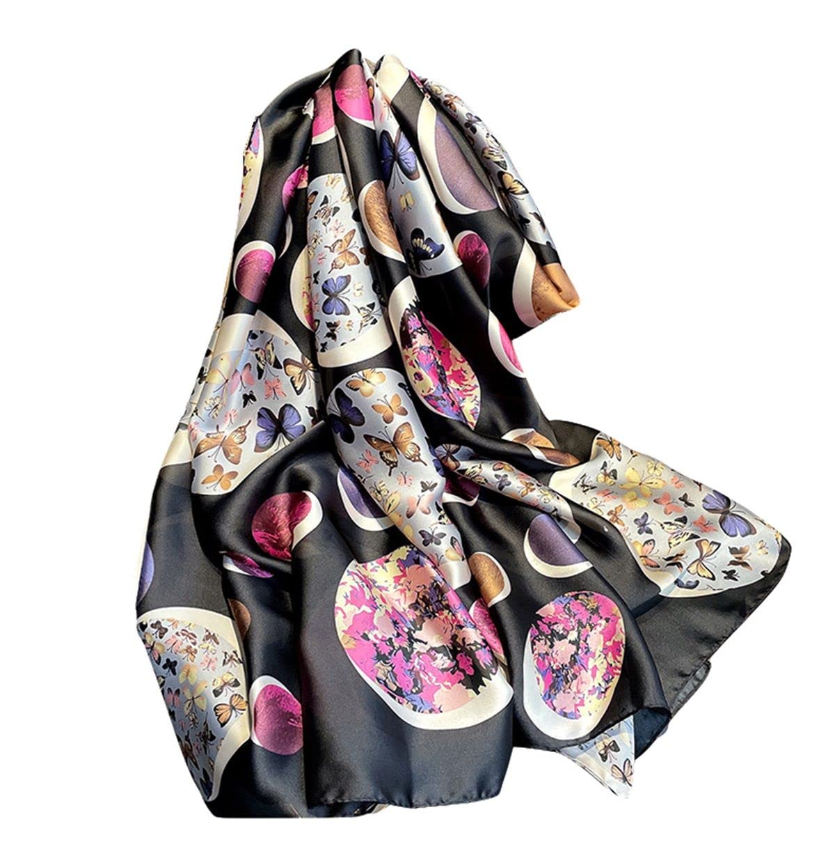 WEIGEER Silk Scarf Women Chiffon Shawl Red Neck Wrap Thin Beach Hijab Vintage Bridal Shawl Binder Chiffon Scarf Colourful Cloth L180/W90 (Purple-black)