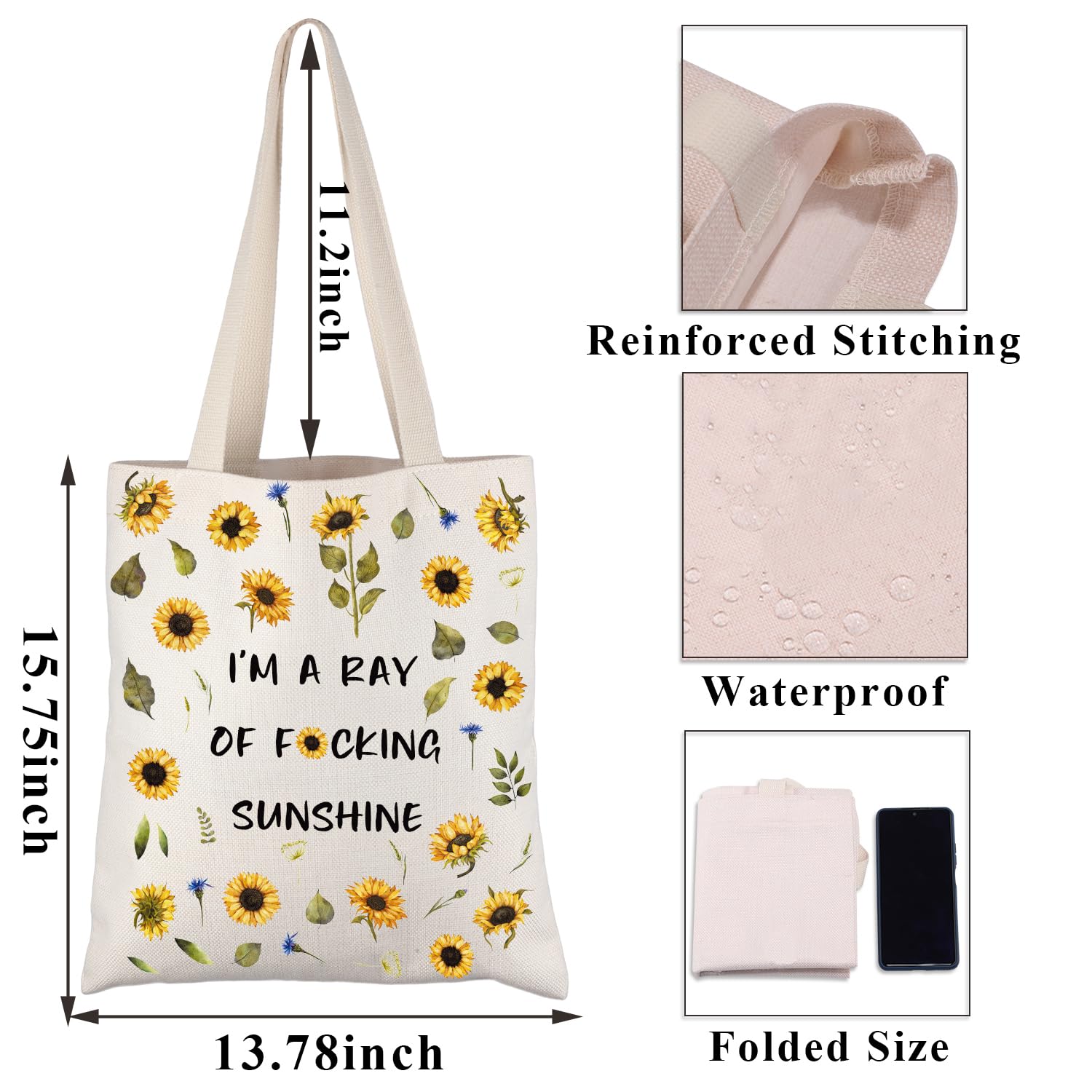PLITI Funny Sunflower Tote Bag Sunflower Lover Gift I'm A Ray Of Fu-cking Sunshine Sarcastic Quote Shoulder Bag (Ray Sunshine TGU) - Image 2