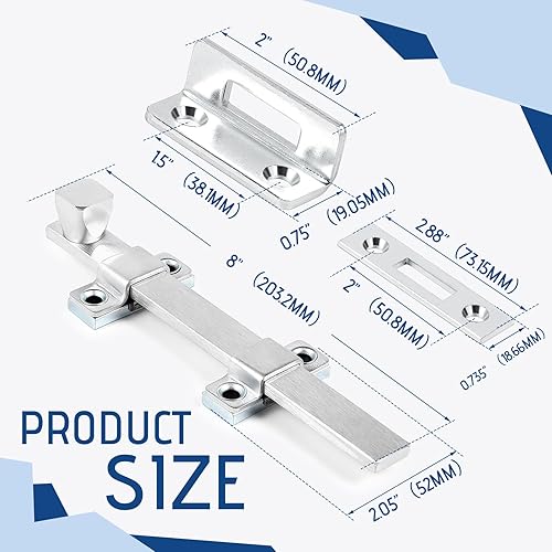 Miniatura 2 de Hicarer 2 piezas de pernos de superficie de 8 pulgadas de alta resistencia holandés para puerta de puerta con acabado cromado cepillado para puertas