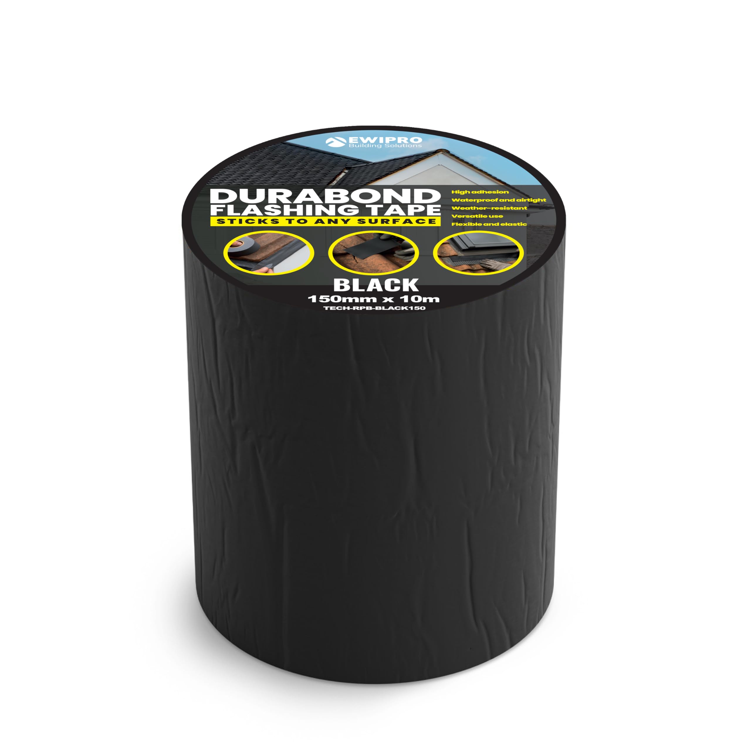 Durabond Butyl Flashing Tape 10m, EWI Pro, Self-Adhesive, Lead-Free, Waterproof, Outdoor Use, For Cracks, Leaks, Pipe, Roof Flashing, Sealing, Patching (Black, 150mm)