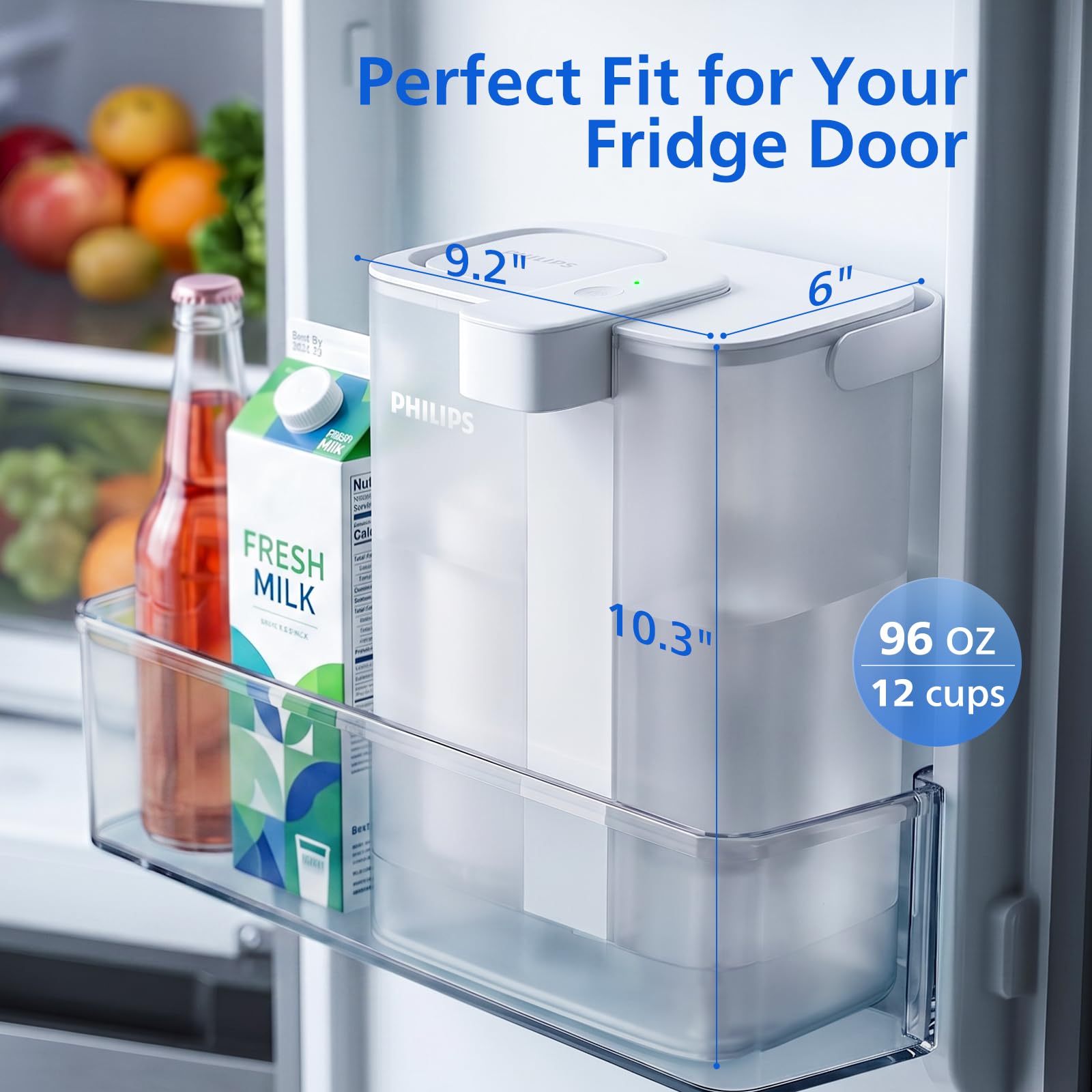 PHILIPS Jarra de filtro de agua, dispensador de agua recargable, filtro purificador de agua para puerta de refrigerador, 1 filtro para 3 meses/60 galones, reduce 46 impurezas 99.8% del plomo NSF/ANSI