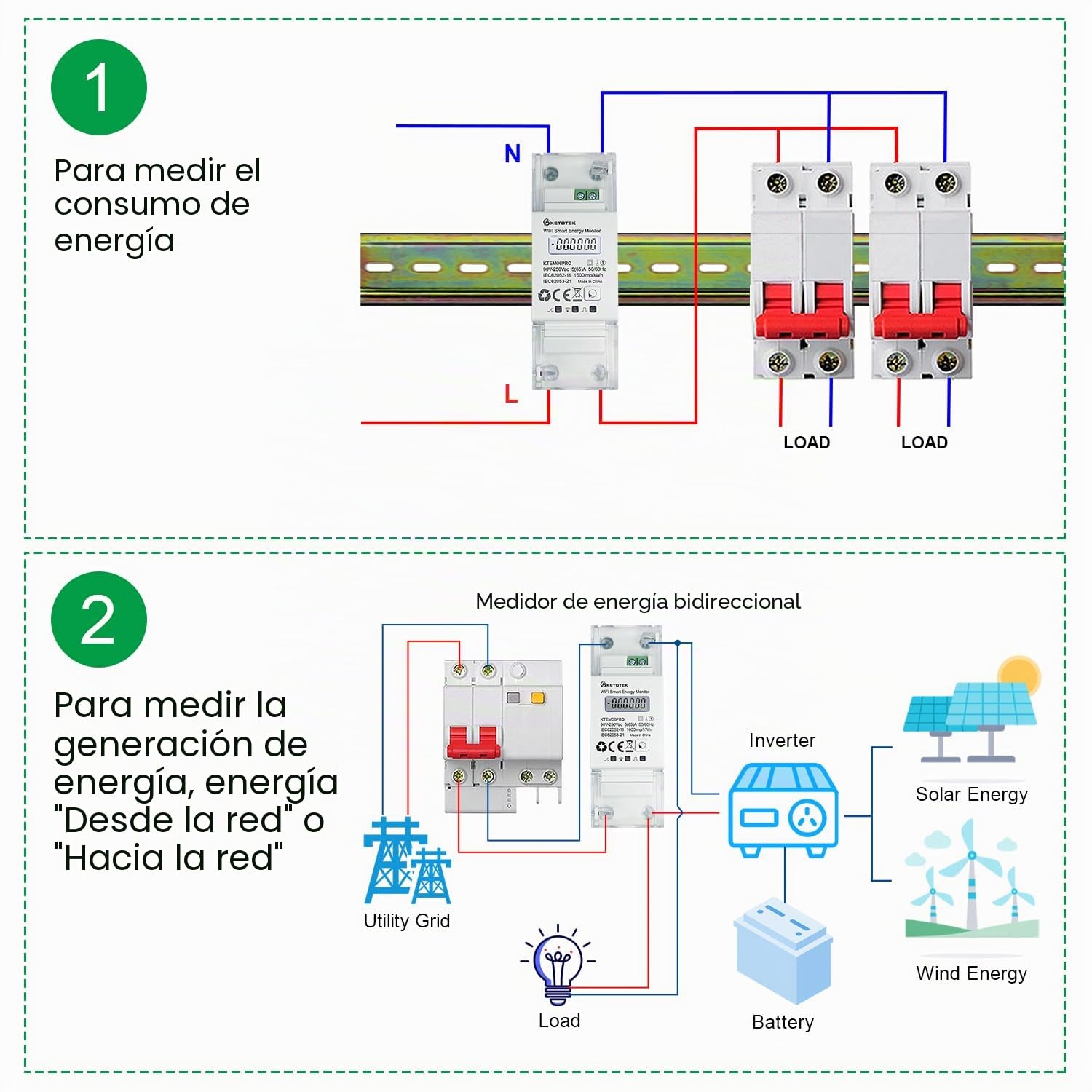 KETOTEK WIFI Medidor de Energia Monofasico, Smart Contador Electrico Bidireccional 5 (65) A 90-250V, Medidor de Electrica Riel DIN Smartmeter