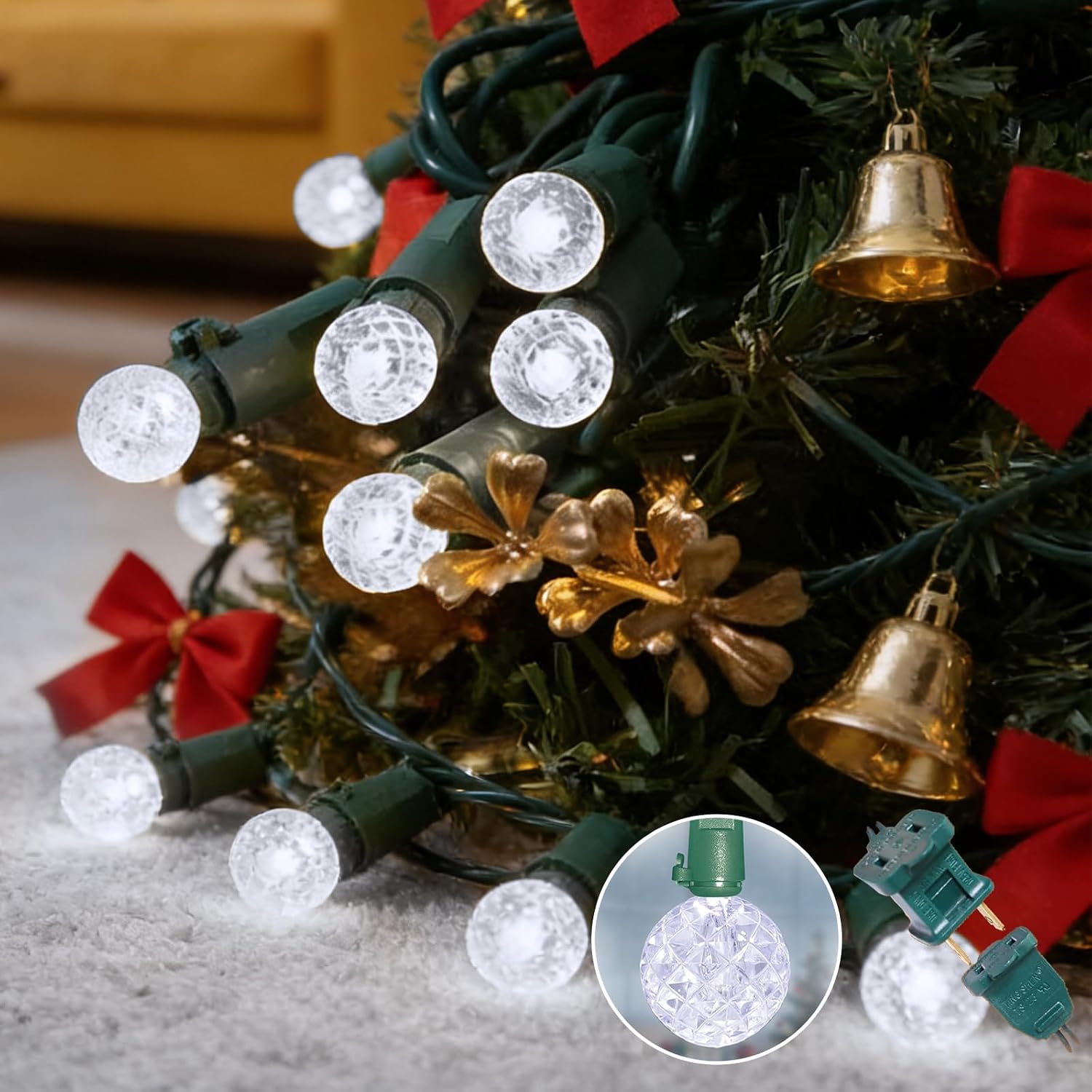 LAMPHOME White Christmas Lights 50 LED G20 Globe String Lights Outdoor Lighting Tree Decorations for Indoor Xmas Decor, Green Wire, Waterproof