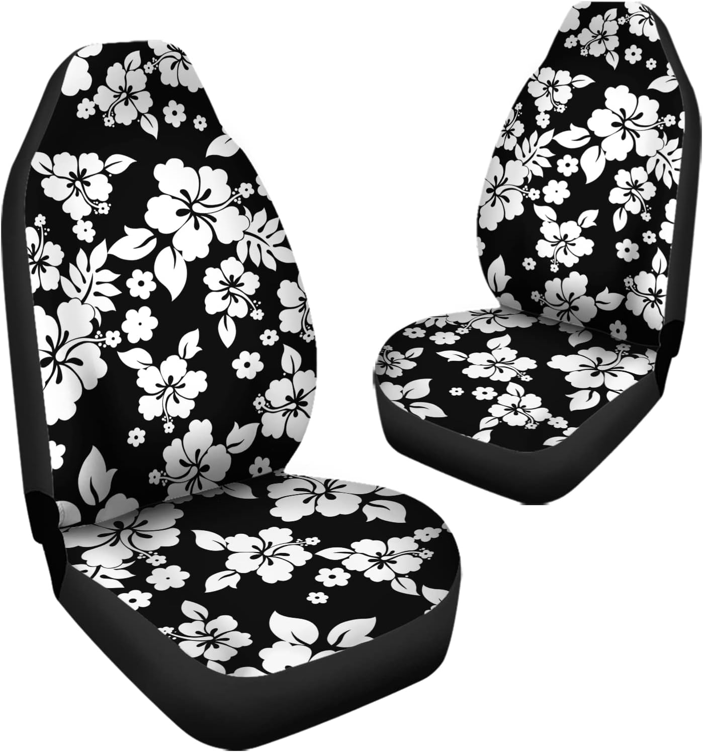 Bulopur White Hibiscus Print Automotive Seat Cover, 2Pcs Black Floral Car Accessories with Front Drive Seat Cover Protect Accessories for Women Men