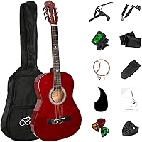 Vista 1 de Kit básico de iniciación de guitarra acústica de viaje de 96.5 cm para principiantes, con afinador, cejilla, cuerdas, enrolladores de cuerdas
