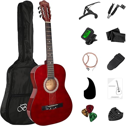 Kit básico de iniciación de guitarra acústica de viaje de 96.5 cm para principiantes, con afinador, cejilla, cuerdas, enrolladores de cuerdas