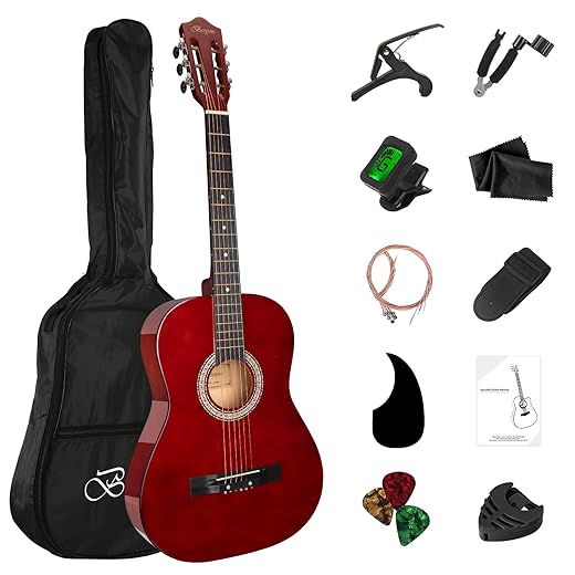 38in Beginner Acoustic Travel Guitar Basic Starter Kit Tuner Capo Strings Winders Strap Picks Pickguard with Gig Bag Starter Practice Guitar For Kids Teens Students Adults