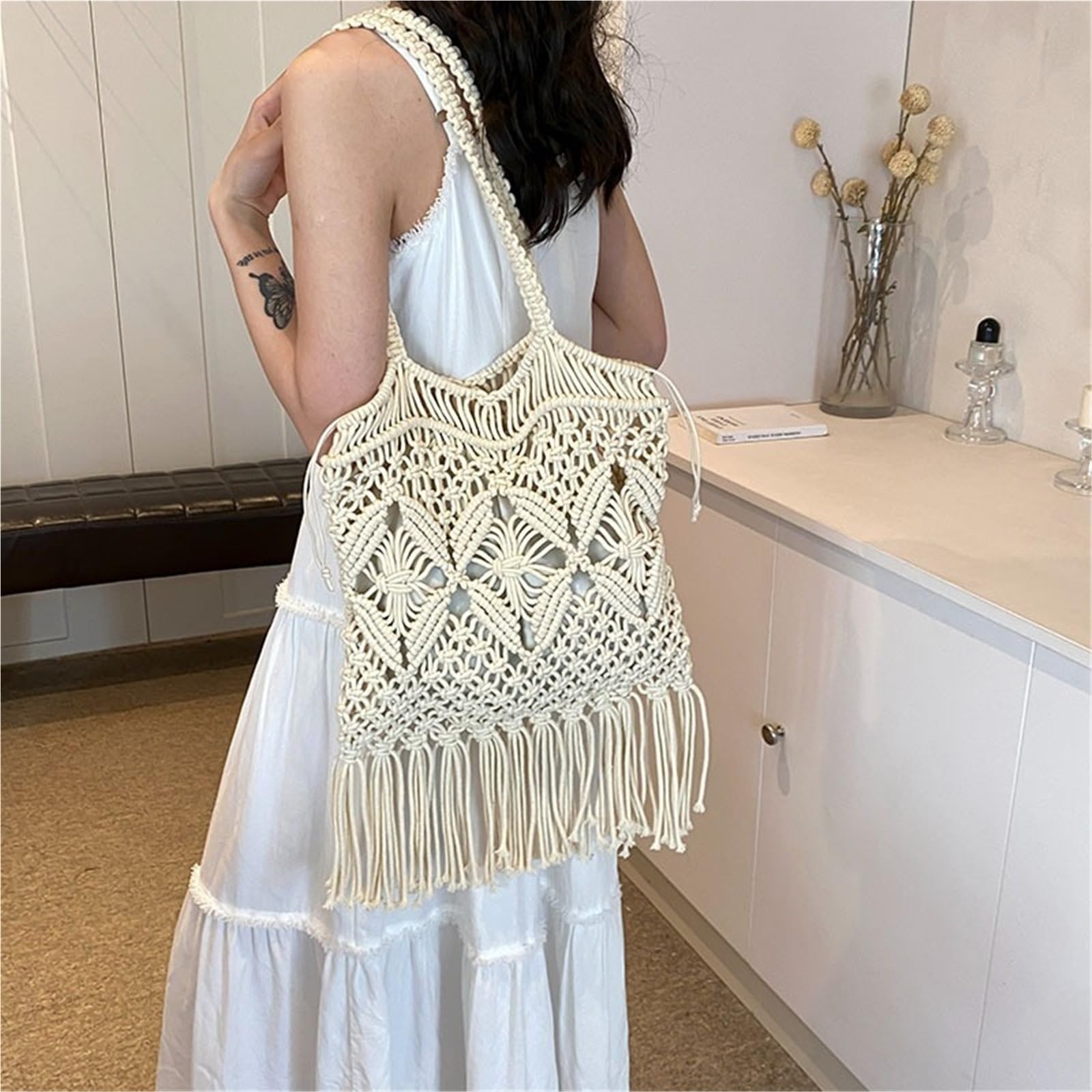 Borsa a tracolla singola francese intrecciata da spiaggia dal design scavato vacanza a Nuova borsa con frange donna Per Tutti I Giorni
