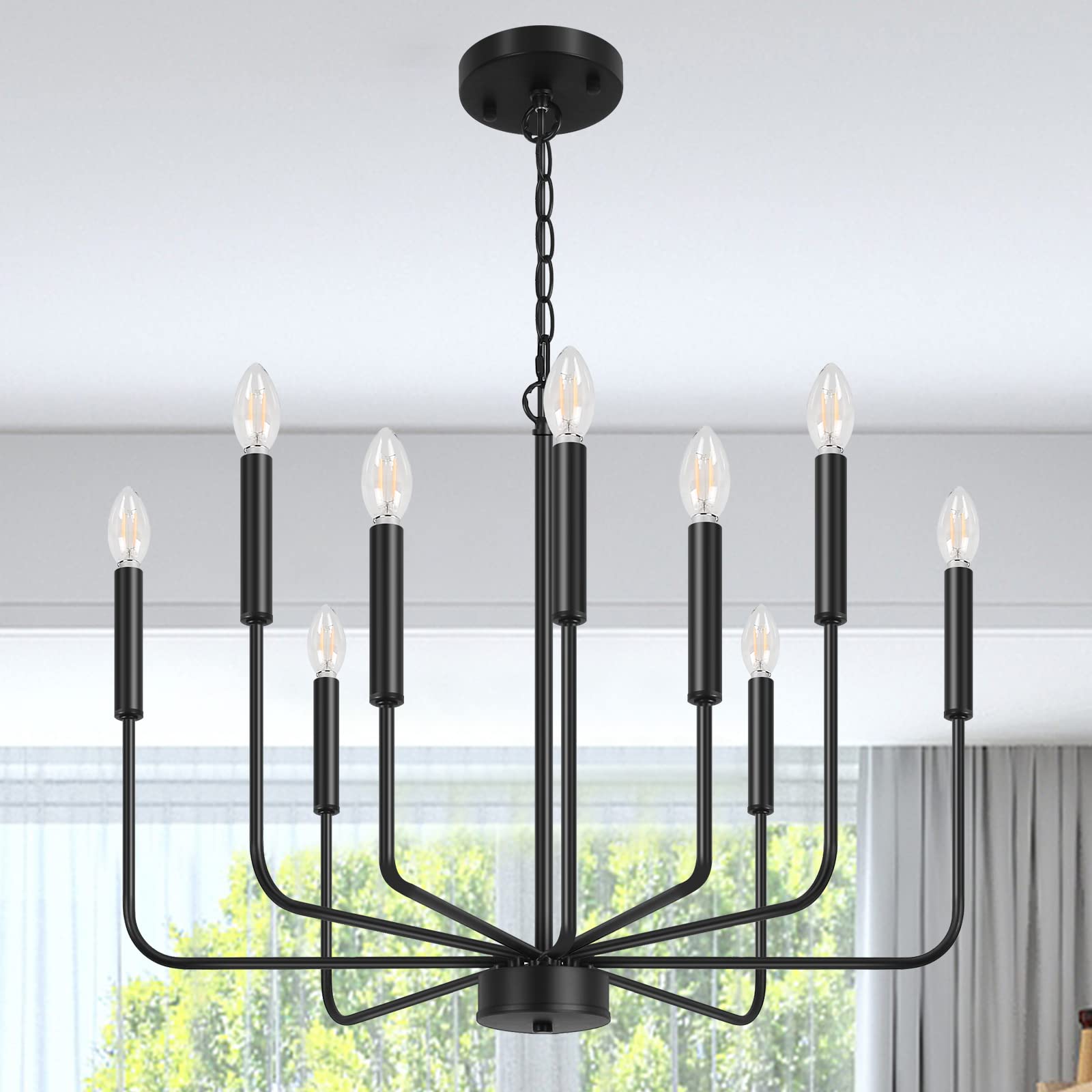 MQKIWAO 9-Light Farmhouse Chandelier Light Fixture, Industrial Black Candle Ceiling Hanging Lighting, Adjustable Height Pendant Lighting with E12 Base for Kitchen Island Living Room Bedroom Foyer