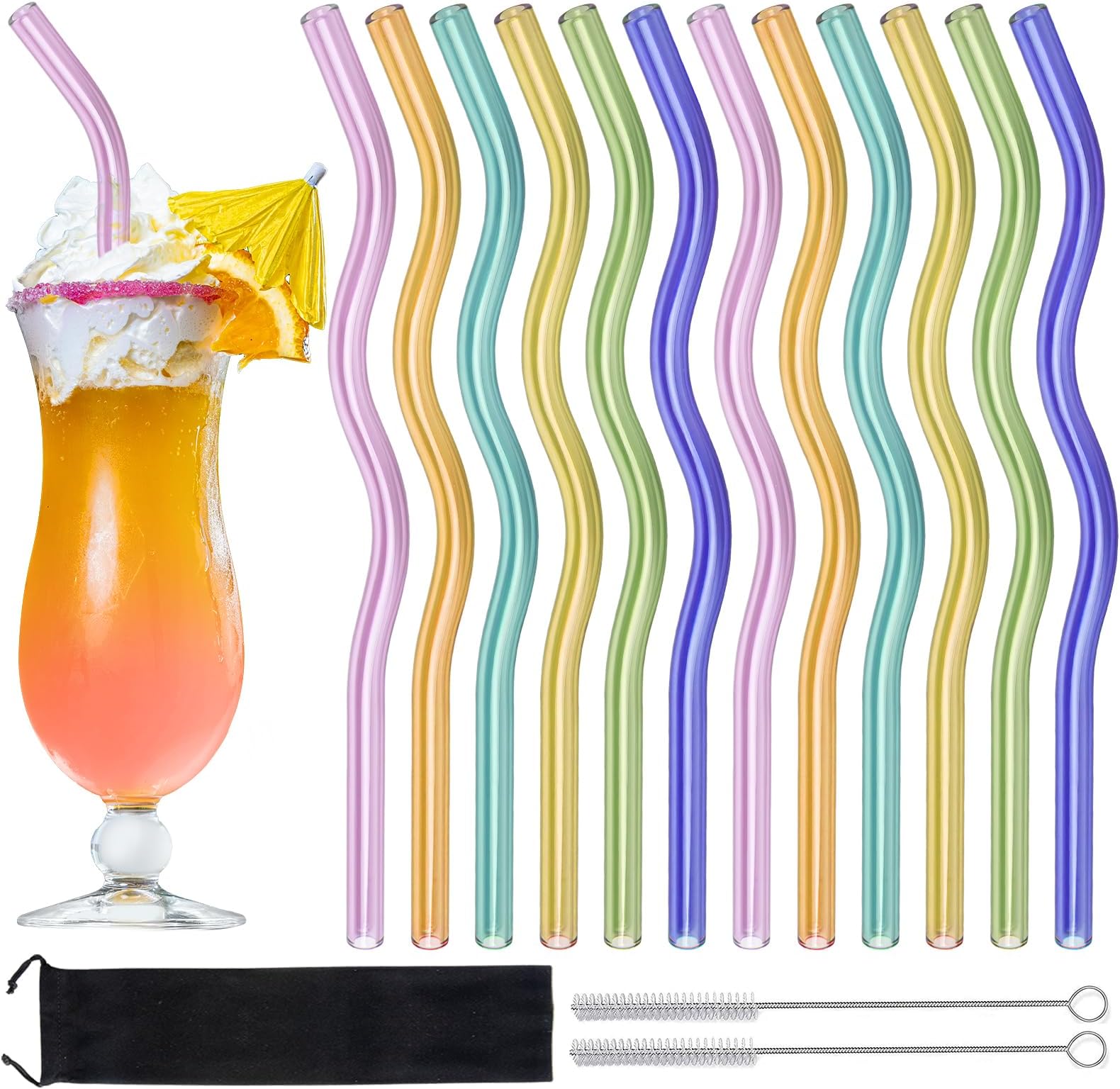 12 Pack Reusable Wavy Colorful Glass Straws - Shatter Resistant, Dishwasher Safe, 8" Bent Drinking Straws with 2 Cleaning Brushes for Beverages,Coffee,Juice,Cocktail,Tea