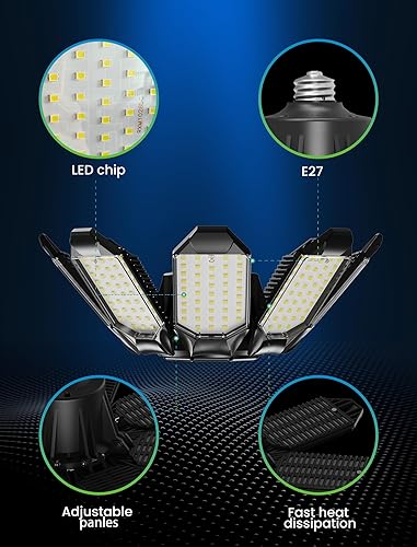 Miniatura 5 de luces LED de garaje - 250W techo LED con 8 paneles ajustables, 25000LM luz de tienda deformable para garaje, sótano, granero, luz de techo alto,