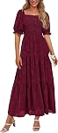 PRETTYGARDEN 2026 Été Casual Robes Midi Col carré Manche courte Smoquée Une ligne Florale Flowy Elegant Robe Boho pour femme