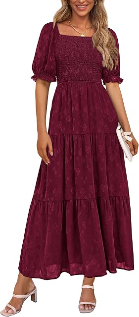 PRETTYGARDEN 2026 Été Casual Robes Midi Col carré Manche courte Smoquée Une ligne Florale Flowy Elegant Robe Boho pour femme
