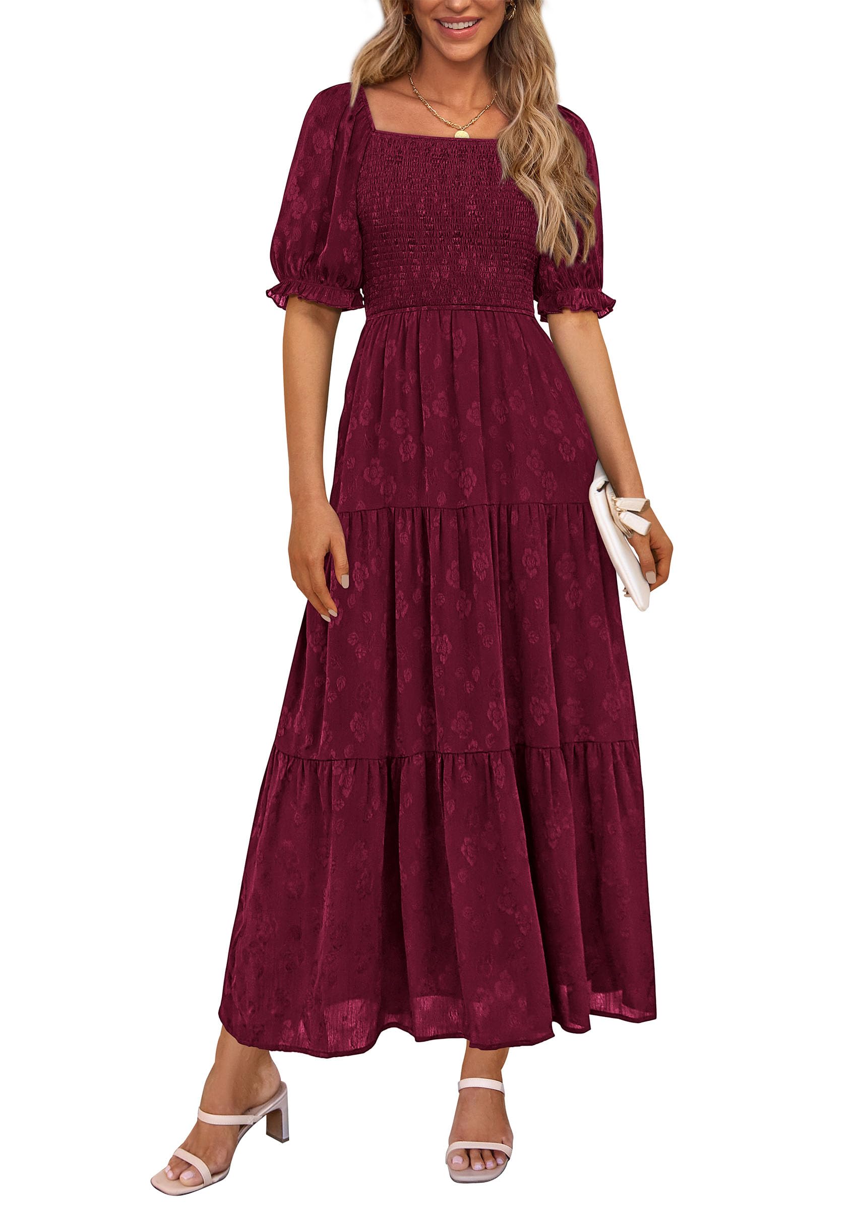 PRETTYGARDEN Womens 2026 Summer Casual Midi Dresses Square Neck Short Sleeve Smocked A Line Floral Flowy Elegant Boho