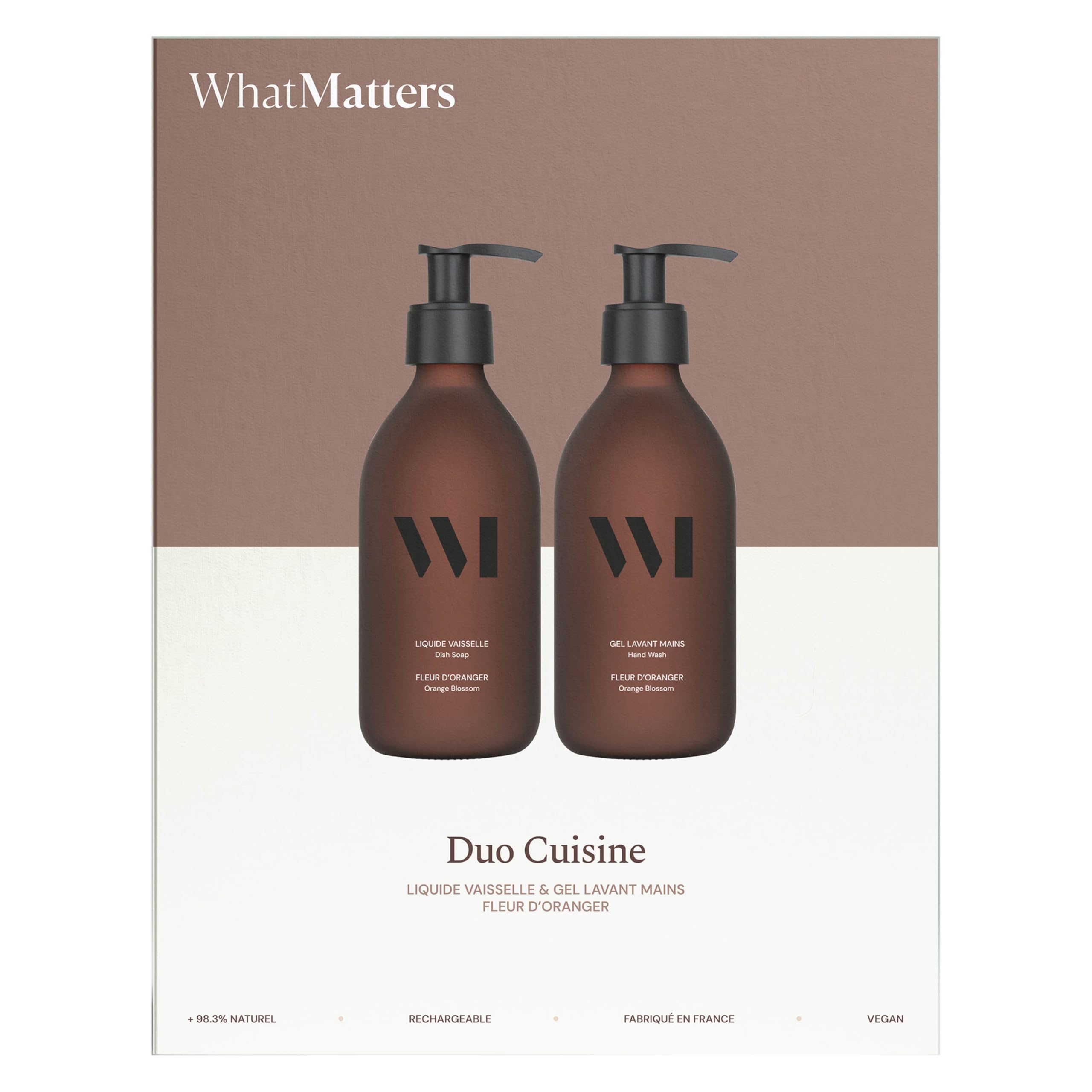 WHAT MATTERS Coffret Duo Cuisine Gel Lavant + Liquide Vaisselle 290ml | Fleur d'Oranger, Vegan, 99% d'origine naturelle, flacons pompe verre renforcé® rechargeables, fabriqué en France