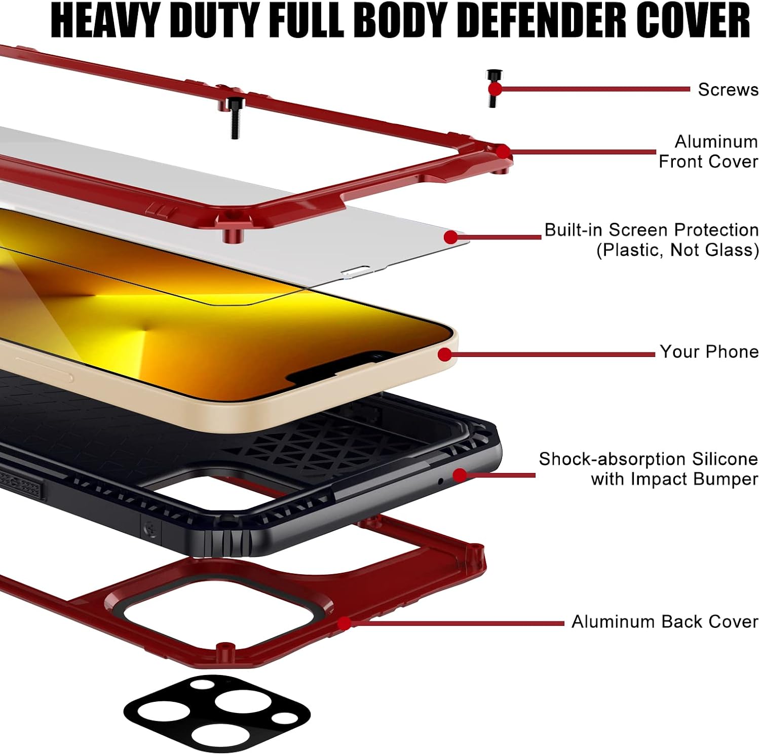 Mitywah Waterproof Case for iPhone 13 Pro, Heavy Duty Military Grade Armor Metal Case, Underwater Full Body Protective Case Shockproof Built-in Screen Protector Strong Rugged Case 6.1 inch, Red