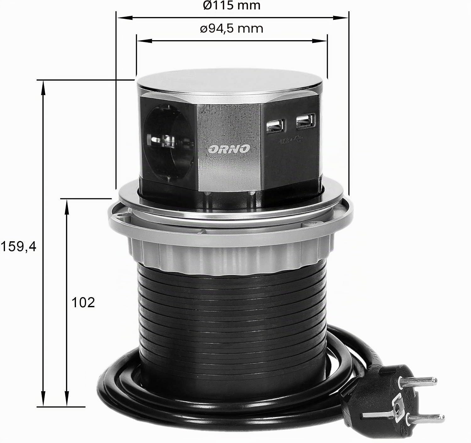 Orno AE-1381(GS) Enchufe Multiple Retractible con 3 Tomas + 2X USB 3650W MAX Ø 10 cm con Cable Schuko de 1,5 m Plateado