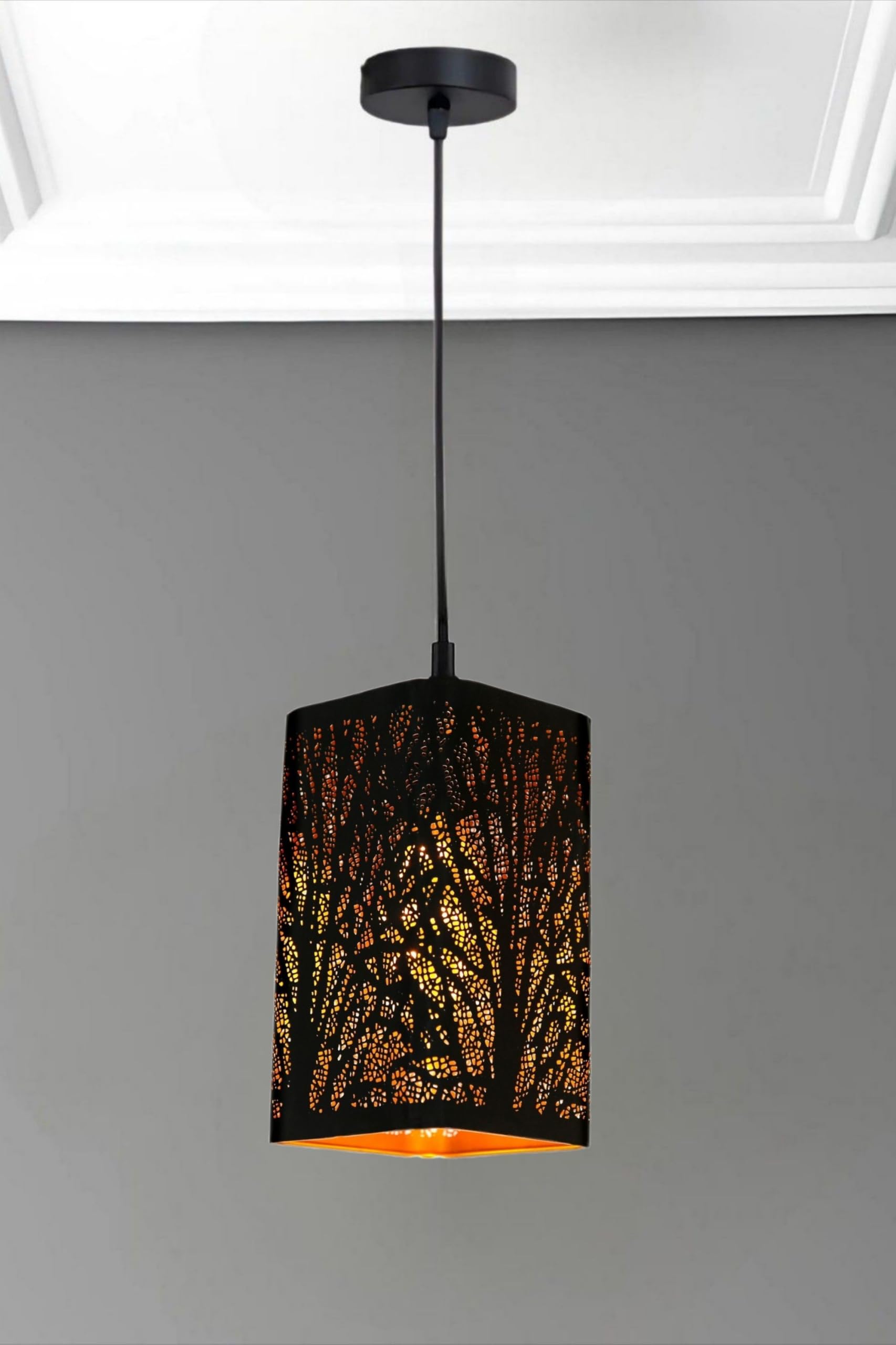 twixle Golden & Black Metal Laser Cutting Forest Design Pendant Lamp, Hanging Ceiling Lamp for Living Room, Bedroom, Kitchen, Balcony, Restaurant, Cafe, Hanging Light for Home Decor (with Bulb)-image-24