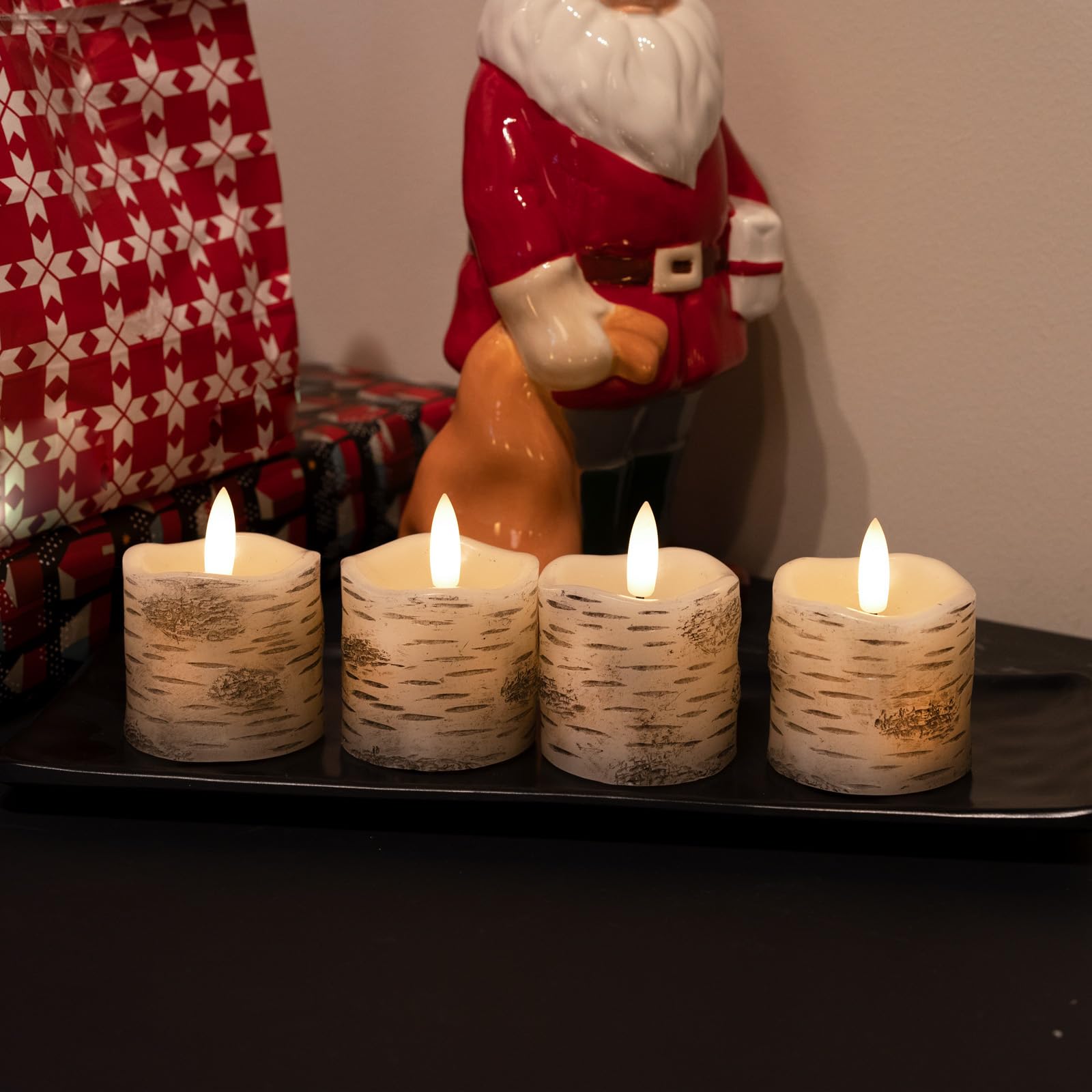 Rhytsing 4 Białe świeczki LED imitujące białą brzozę z timerem, bez płomienia, wykonane z prawdziwego wosku, bateriowo zasilane świeczki typu tealight na Boże Narodzenie - średnica 5cm