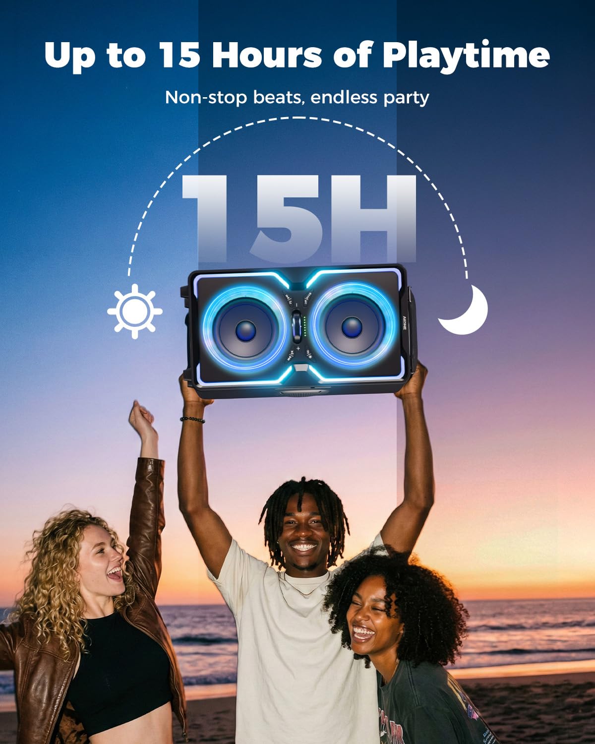 AKONE Cassa Bluetooth Potente Portatile: 240W Altoparlante Party Wireless Bluetooth Speaker, Super Natural Bass,15Hr Playtime,TWS, Luci LED Fantastiche per Feste, Campeggio, Spiaggia, Cortile