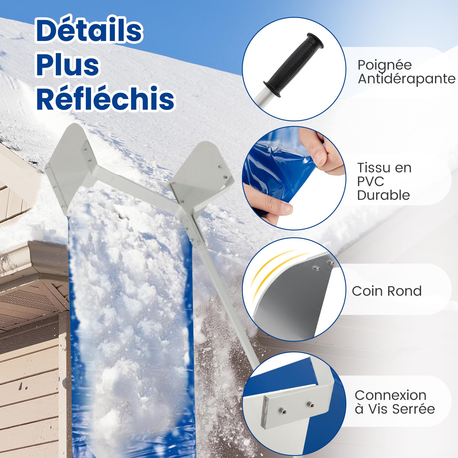 Râteau à Neige Pour Toit COSTWAY – Longueur Réglable Jusqu’à 6 Mètres, 2 Roues Protectrices, Aluminium Léger Et Résistant