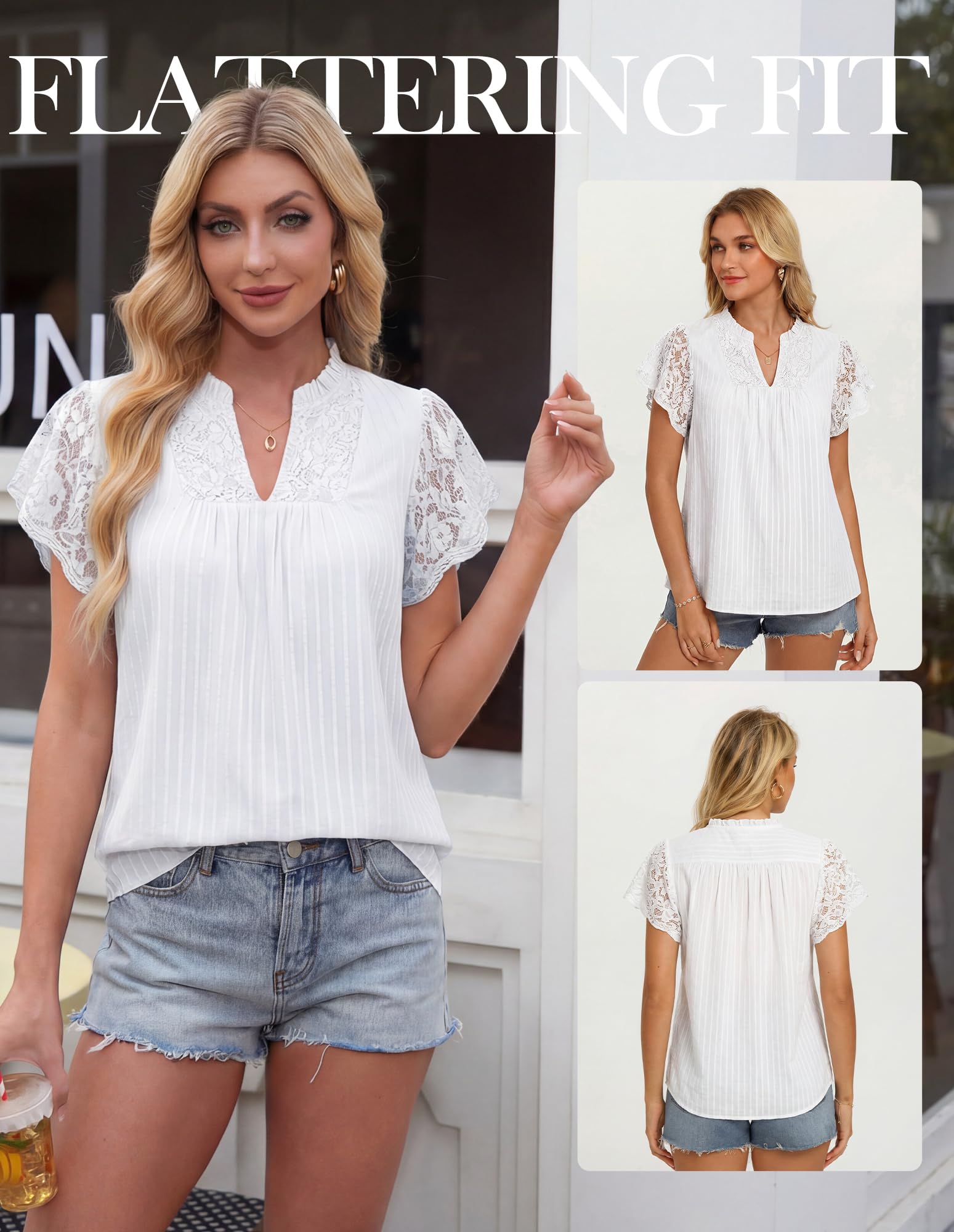 GRACE KARIN Damen Spitzen Baumwolle Bluse Elegante Henley V-Ausschnitt Oberteile Rüschen Kurzarm Sommer Top