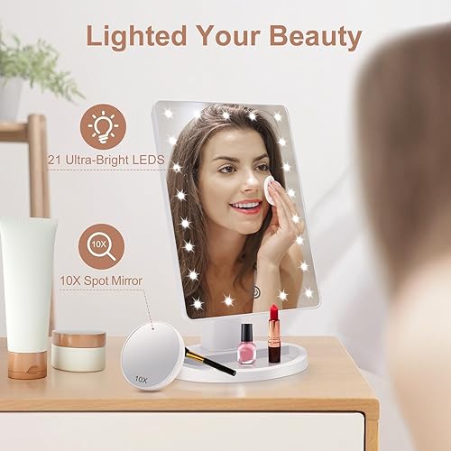 Vista 44 de Espejo de maquillaje iluminado con 21 luces LED, con pantalla táctil atenuante y 10 aumentos de claridad, extraíble, con doble fuente de Oro rosa