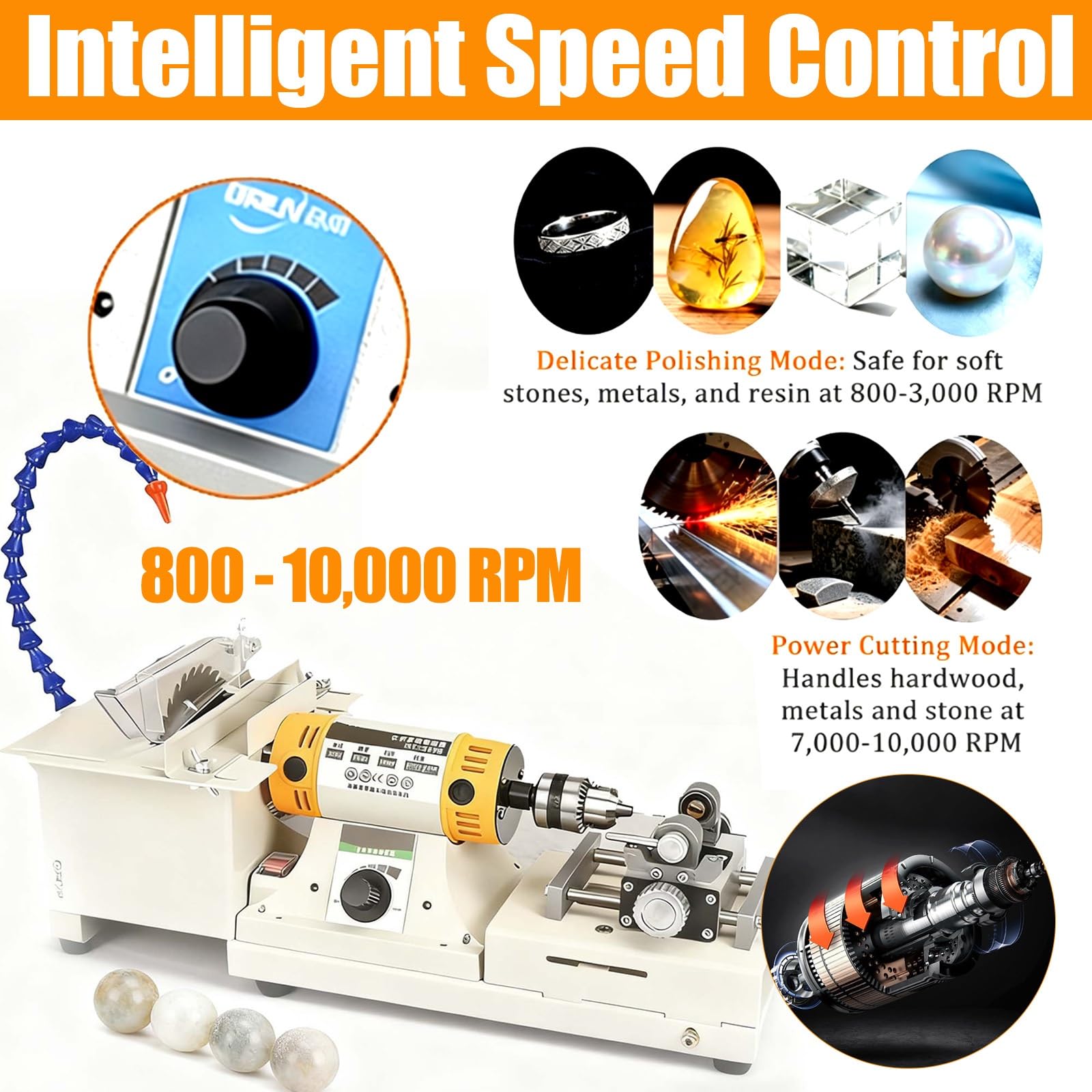5 en 1: corte, amolado, perforación, pulido, grabado para pequeños estudios | 800-10000 RPM, para materiales delicados como ámbar, piedras blandas y aleaciones de metales preciosos(+Polishing)