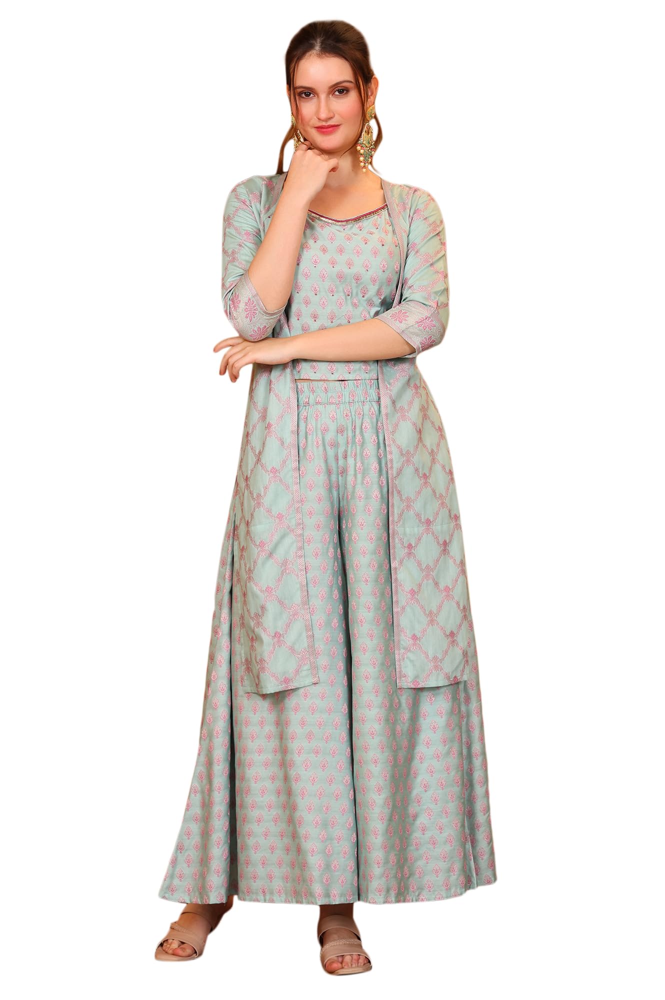 Women’s Ethnic Motifs Embellished Straight Jacquard Blue Crop Top, Jacket and Palazzo Set