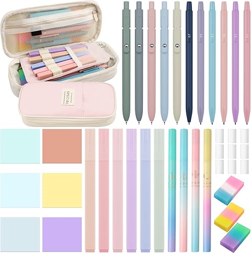 Harloon 40 piezas de suministros escolares estéticos, incluye estuche de gran capacidad, resaltador pastel, bolígrafo de tinta de secado rápido,
