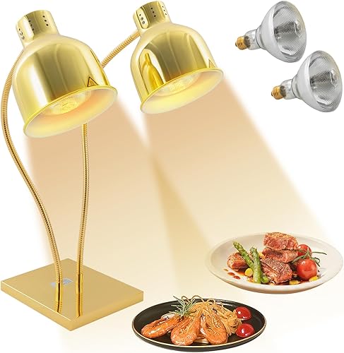 Lámpara de calor de alimentos comercial de 2 cabezales con base cuadrada (11.81 x 7.87 pulgadas), lámpara de calentamiento de alimentos de metal