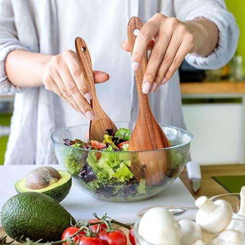 Miniatura 7 de AIUHI Juego de utensilios de cocina de madera de teca natural, 9 cucharas de madera para cocinar, juego de utensilios de cocina antiadherentes,