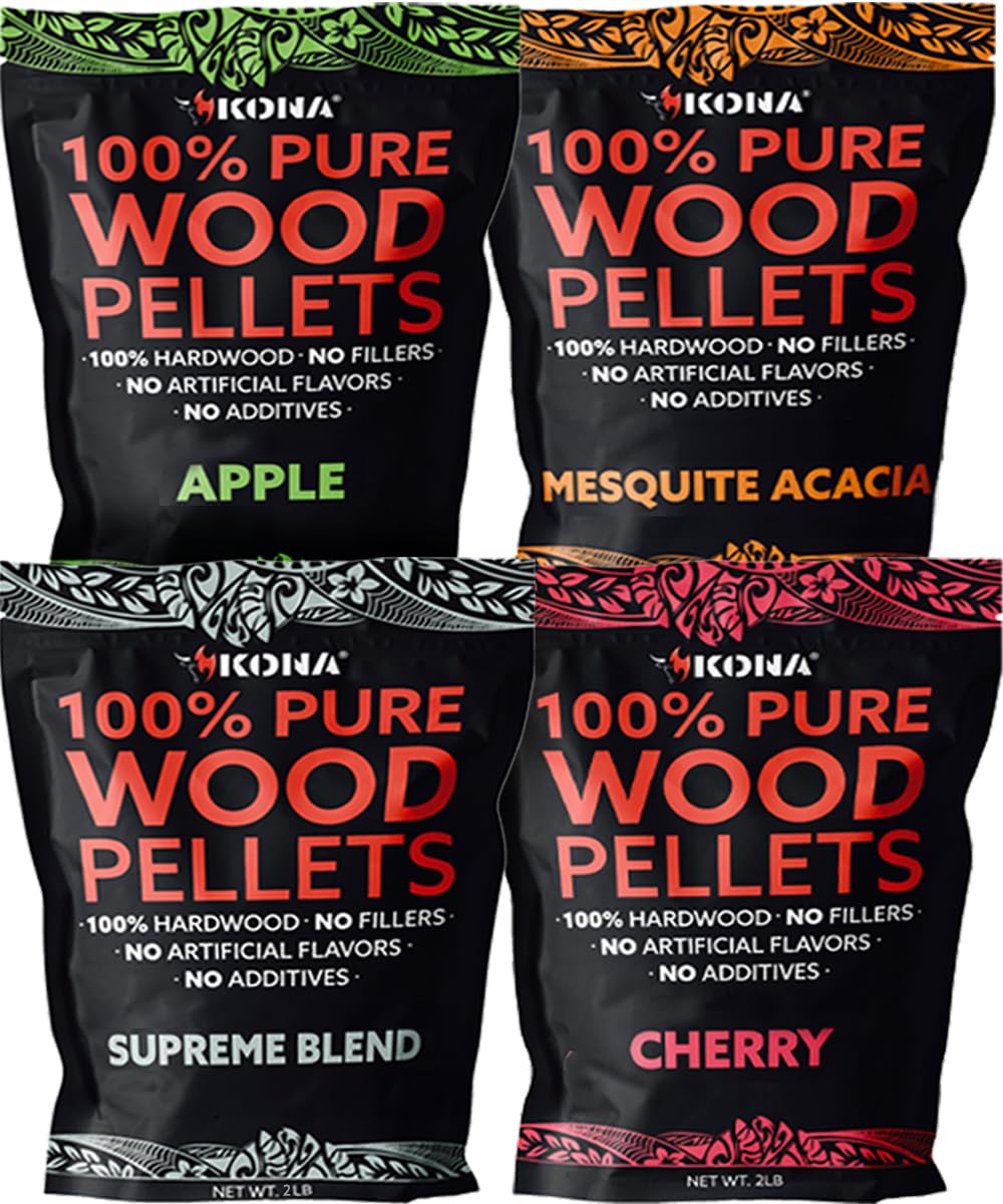 KonaIndoor Smoker Pellets Variety Pack - Intended fro GE Smart Profile Indoor Smoker, Apple, Cherry, Mesquite, Supreme Blend, 4, 2 lb Resealable Bags