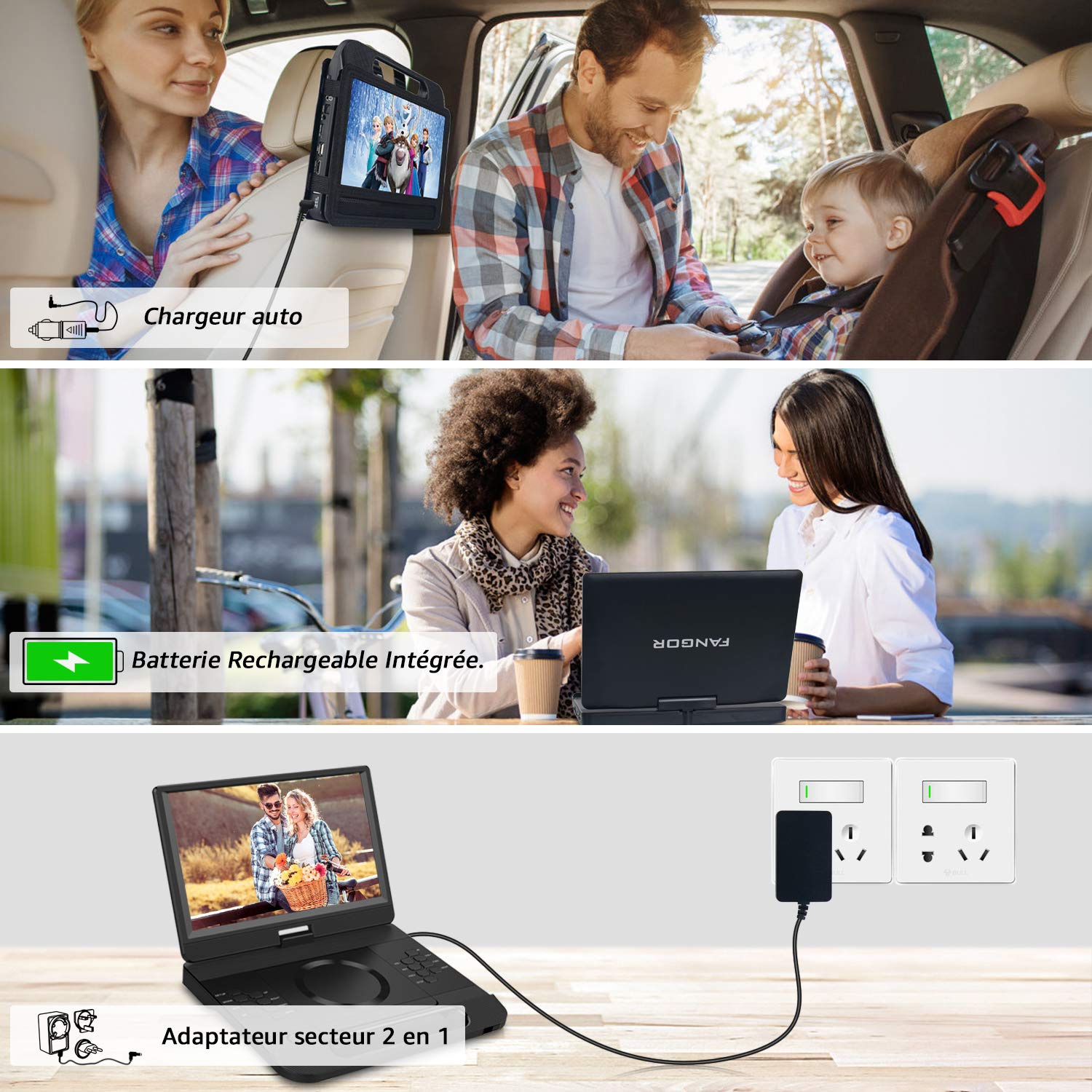 FANGOR Lecteur DVD Blu-Ray Portable 12 Pouces Accepte Full HD 1080P Dolby Audio, Batterie Rechargeable Intégrée, Supporte HDMI, AV in, USB/SD/MMC 4 Heures d'autonomie