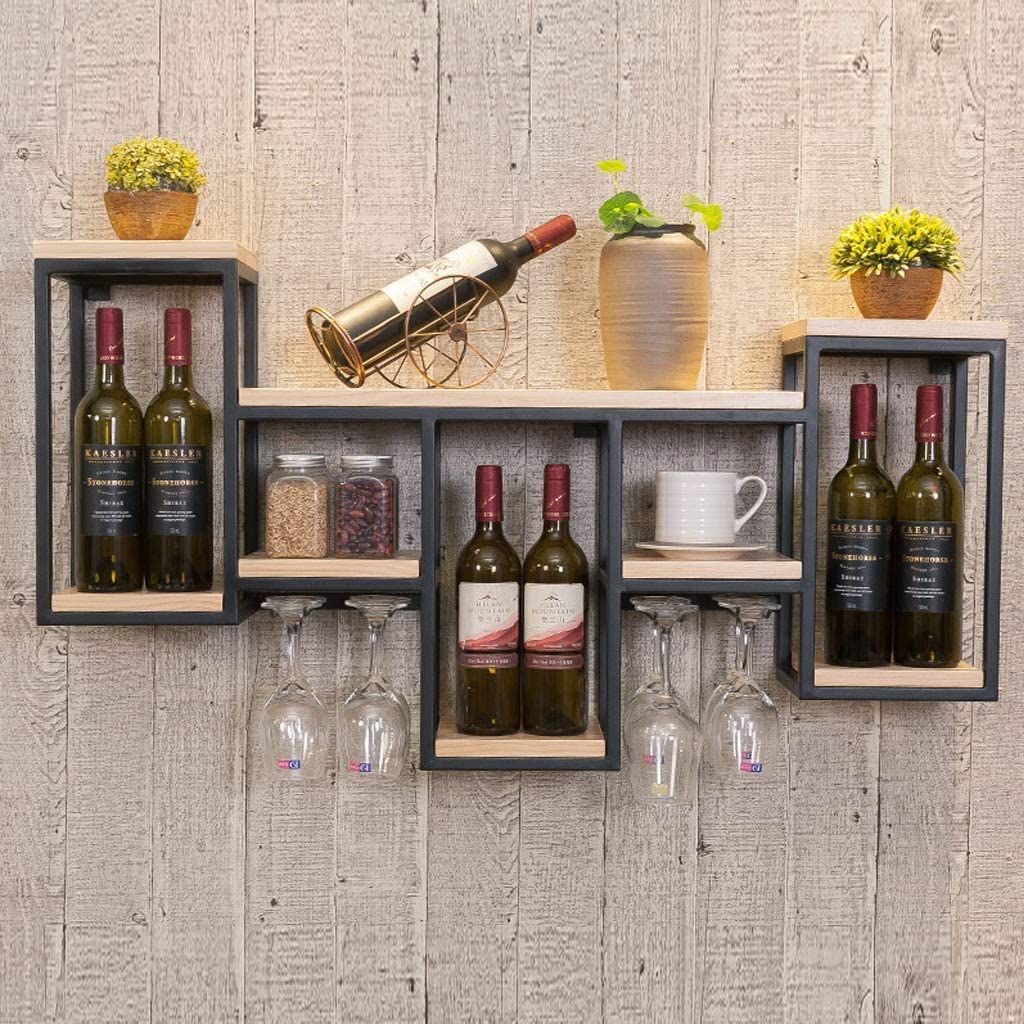 Porte-bouteille de vin bois et fer étagère de rangement murale vintage porte-gobelet