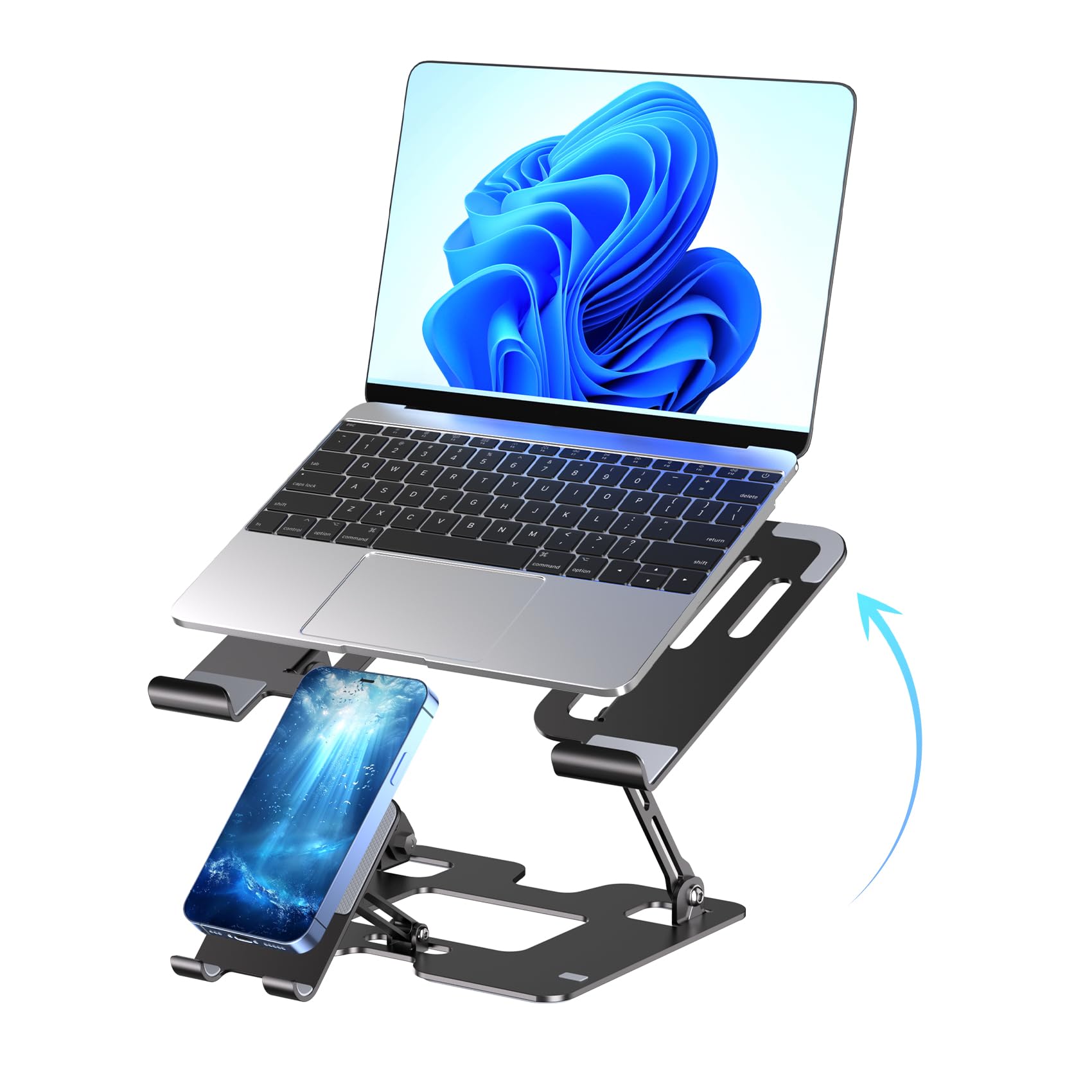 Ergonomic 2-in-1 Laptop Phone Stand for Desk, Adjustable Riser, Sturdy and Portable, Fits All Laptops and Phone (Black)