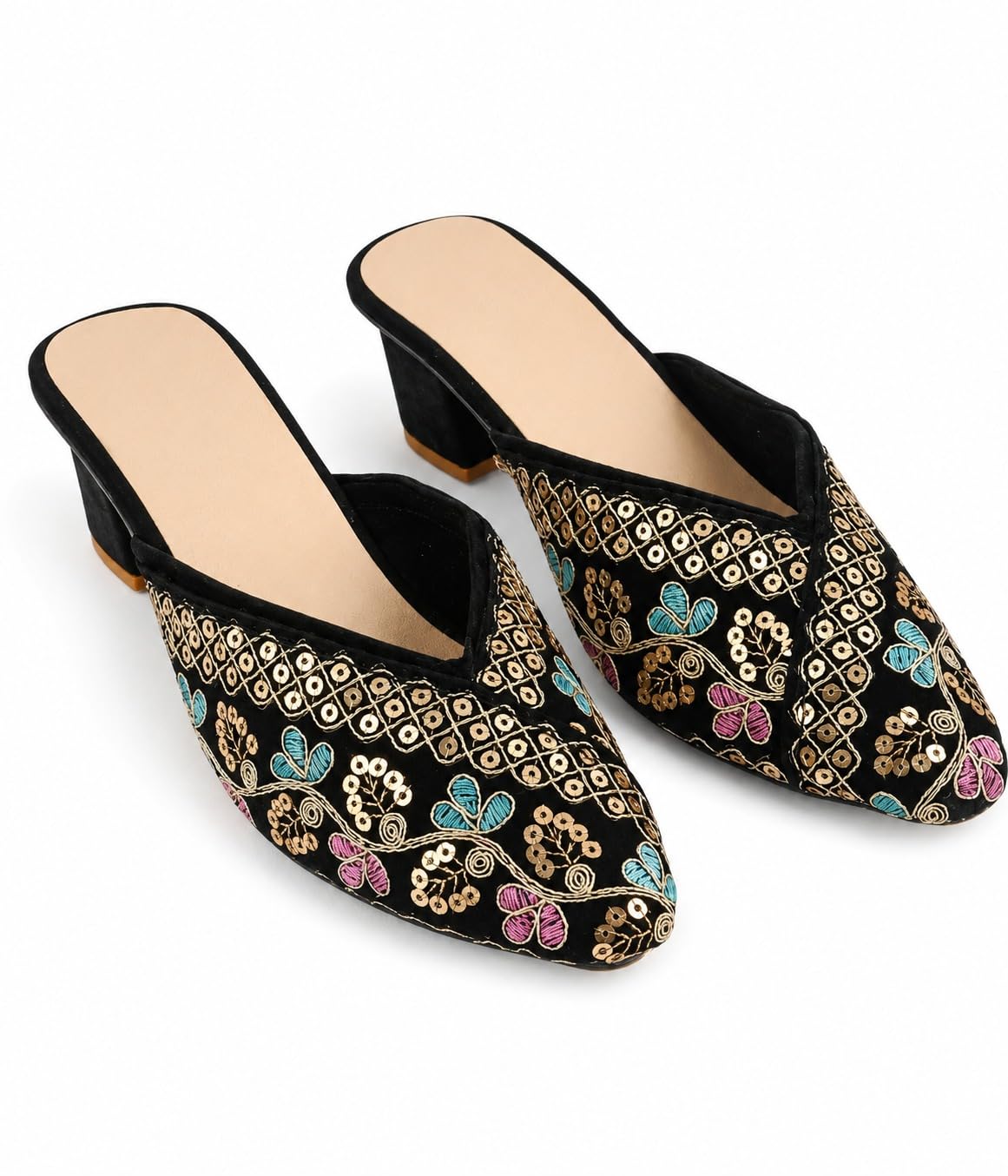 Women's Embroidered Mule Heels, Black Sequin Floral-picture-32