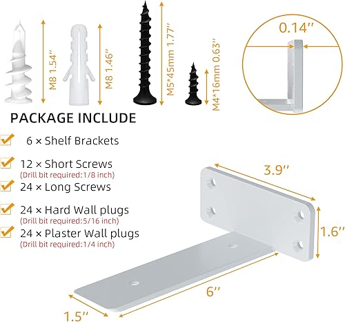 Miniatura 2 de BONSSO Soporte de estante flotante resistente, soportes de metal en L de 6 pulgadas para estantes, soportes de pared para estantes (paquete de 6 -