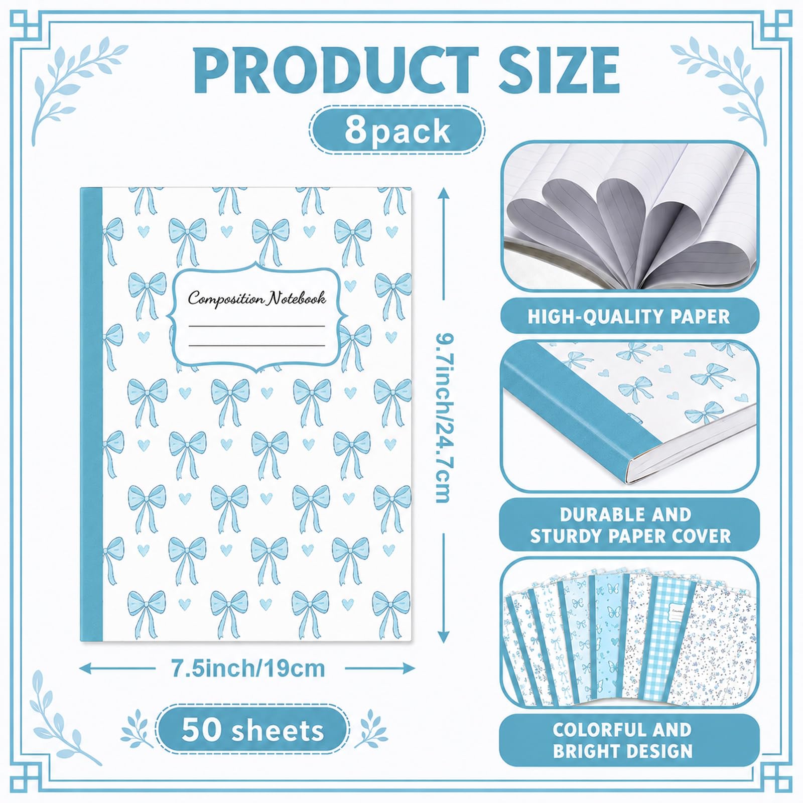 8 Pack Blue Bow Composition Notebooks Bulk Blue Notebook College Ruled Journal 100 Pages Cute Aesthetic Bow Composition Books Back to School Gift for Student Teacher Office Supplies 9.7x7.5 Inch