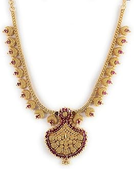 CUTE GOLD One Gram Micro Gold Plated Traditional Trendy South Indian Fashion Jewellery Stylish Ruby Emrald Stone Necklace for Women & Girls, 18 Inch, Gold Plated, Ruby