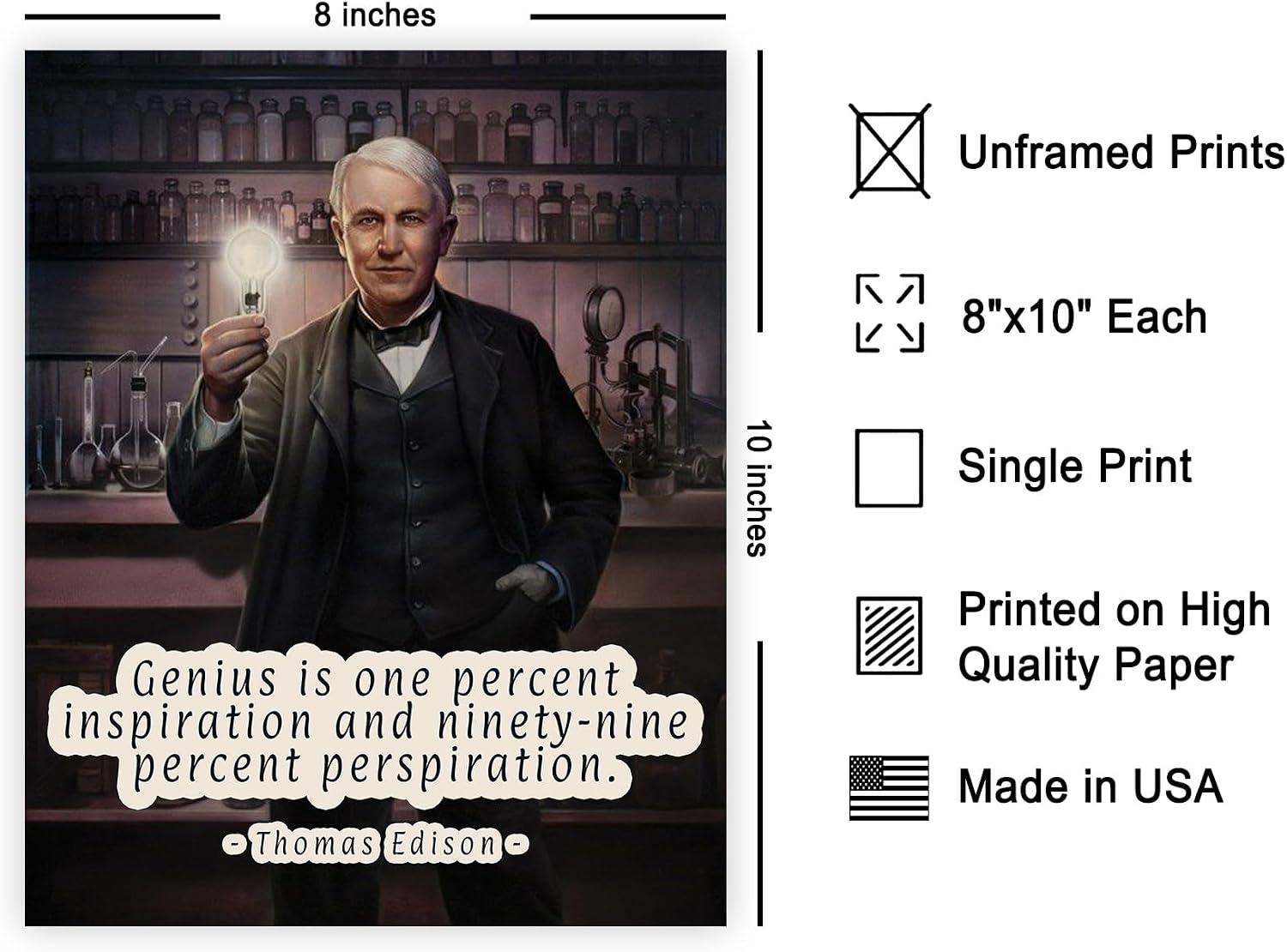 Poster Master Genius is One Percent Inspiration Poster - Thomas Edison Print - Motivational Quotes Art - Gift for Men & Women - Inspiring Wall Decor for Living Room or Office - 8x10 UNFRAMED Wall Art