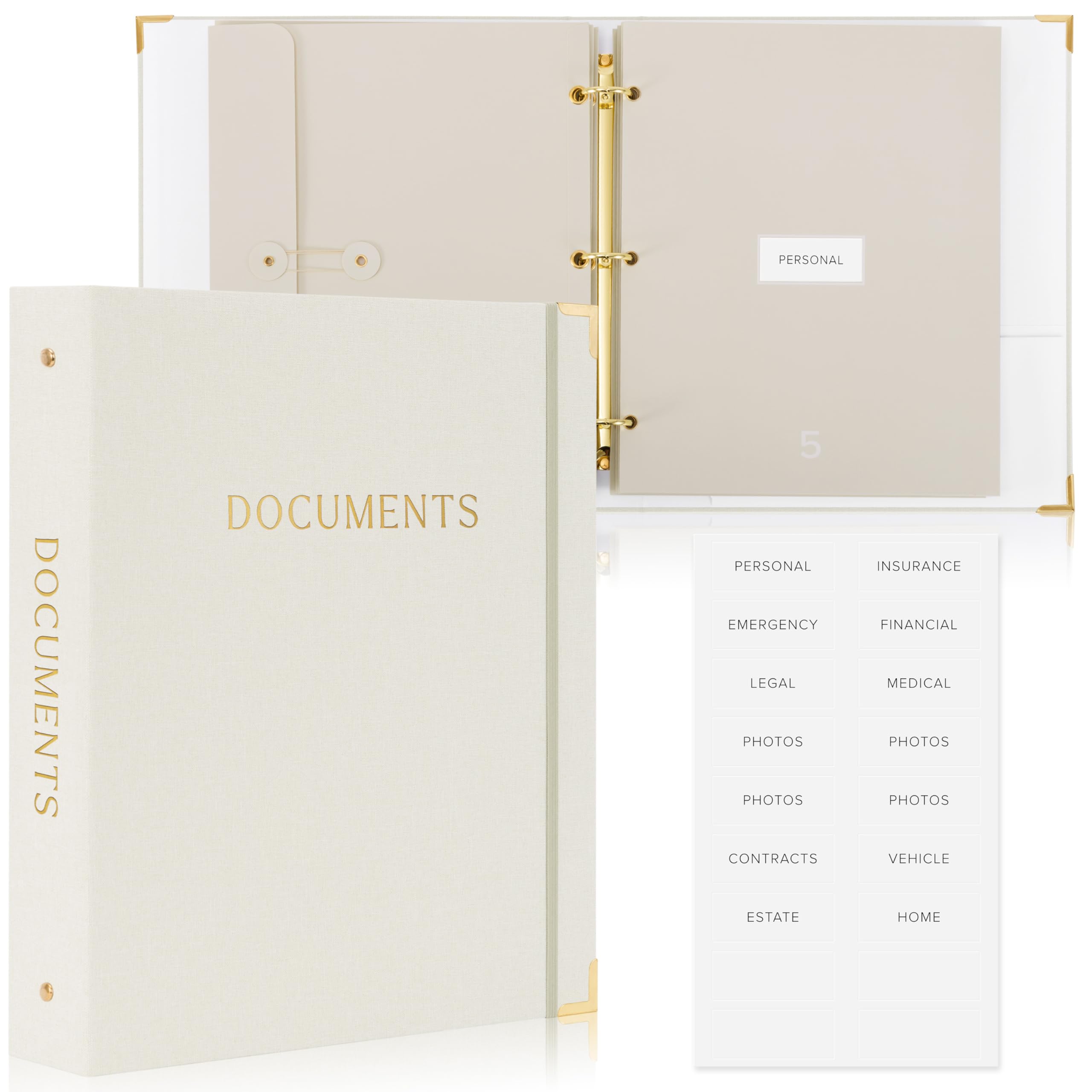 Aesthetic Document Organizer - Sturdy Linen 3-Ring Binder Safely Stores All Your Important Documents and Files in One Place - Easy to Use Expanding Storage Folder Incl. Envelopes, Pockets & Labels