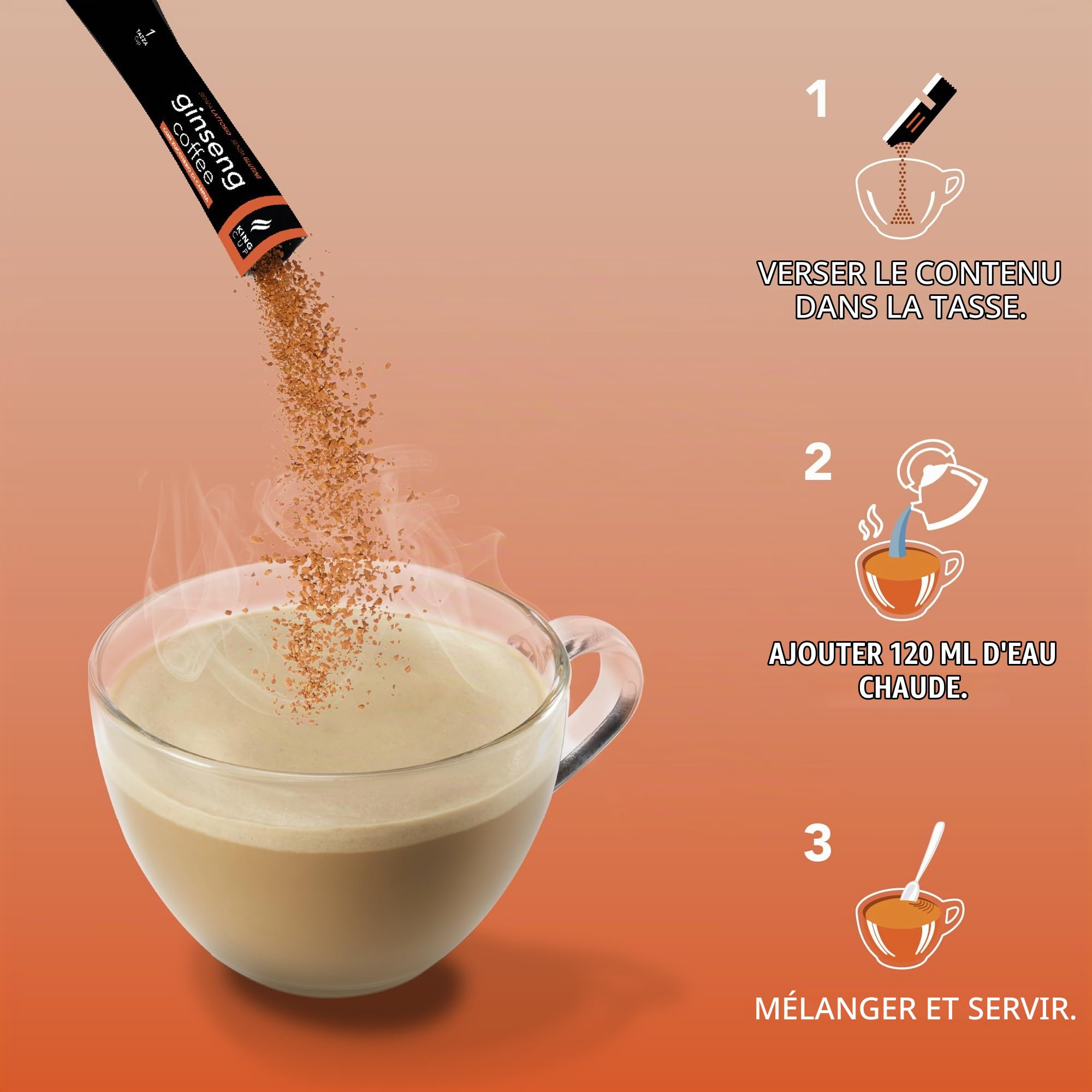 King Cup - 3 Paquets de 20 Sachets Solubles de Ginseng au Sucre de Canne, 60 Stick de 20 Gr pour Boisson Aromatisée Ginseng à Ajouter à Eau Chaude, Sans Gluten et Sans Lactose