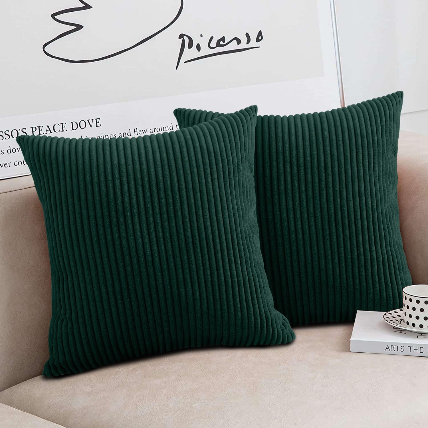 Moonlight Bedding Teal Corduroy Cushions With Covers Included Pack Of 2 (2 Covers, 2 Inserts) 45 X 45 Cm Decorative Stripe Throw Pillow Cases With Invisible Zipper For Living Room Bed Sofa