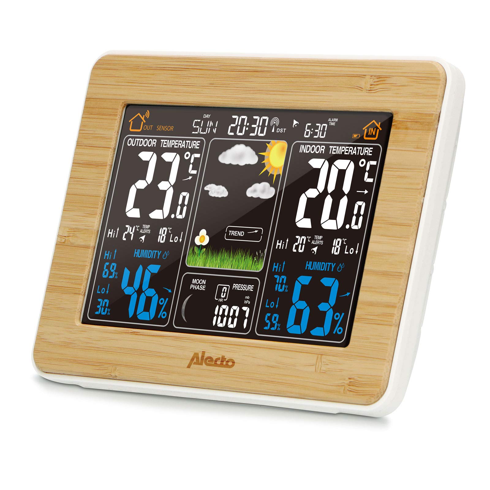 Alecto WS-1560 Stazione meteo wireless con display a colori e sensore esterno – Temperatura interna ed esterna – Umidità – Barometro – Previsioni meteo animate – Legno