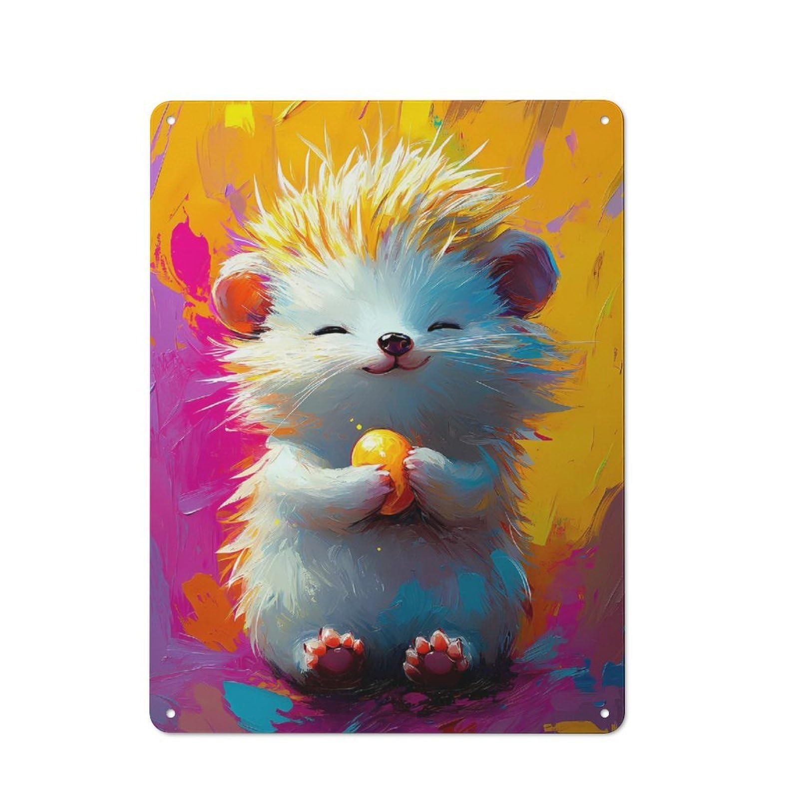 Junmoney Style-16 Smiling Hedgehog Painting Rustic Metal Sign 40X30cm For Hobby Room Or Studio, Suited To Hobby Room Decor Fans
